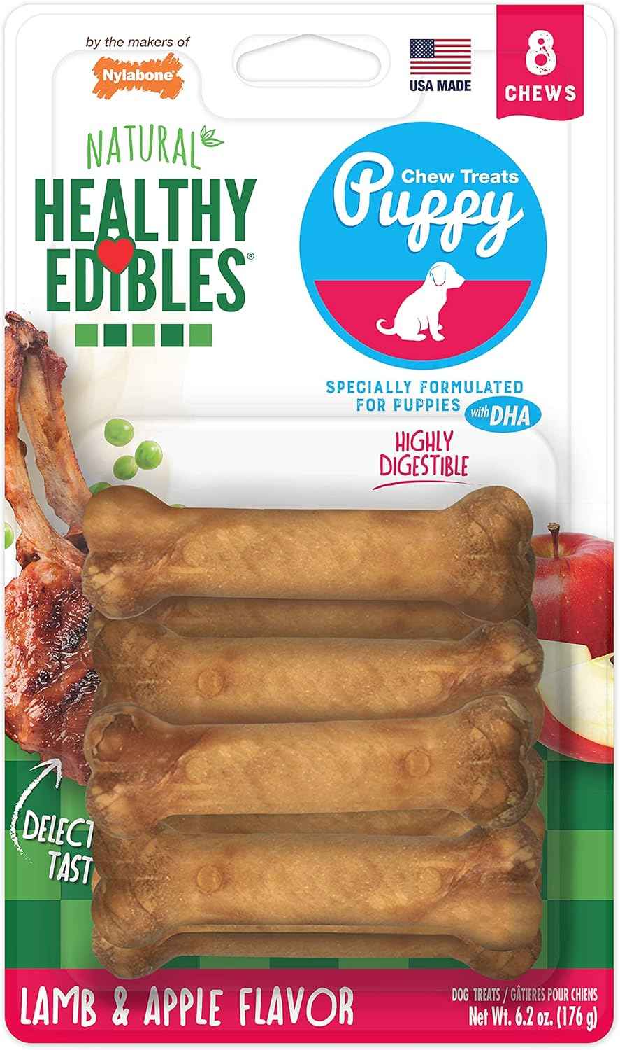 Nylabone Healthy Edibles Natural Puppy Chews Long Lasting Treats for Puppies, Roast Beef, Apple & Bacon Flavor, X-Small/Petite (3 Count)