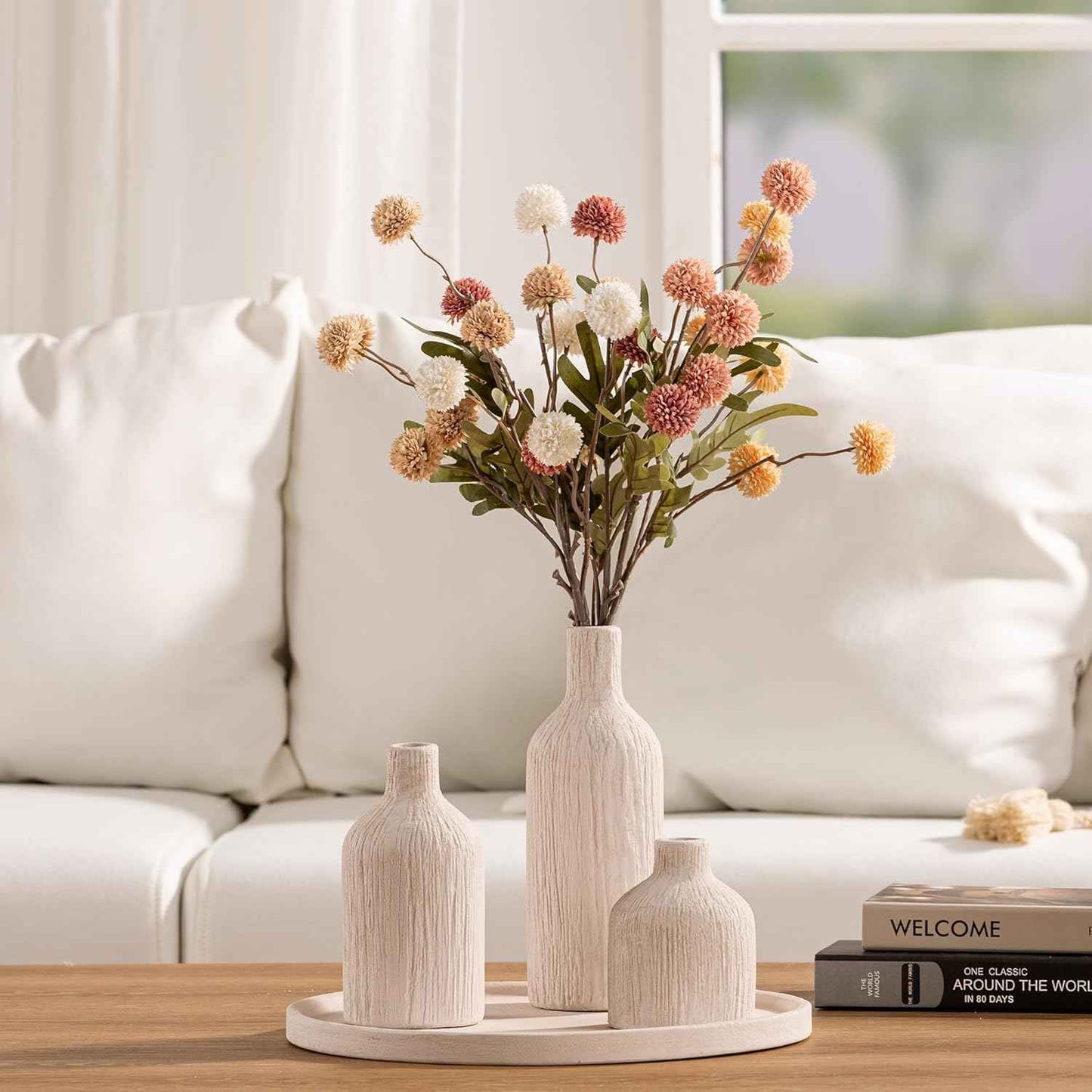 Ceramic Vase Home Table Decor - White Flower Vase Set of 3 Living Room Kitchen Decorations Farmhouse Modern Rustic Vases Decorative Centerpiece for Shelf Bedroom Office Bathroom Dining Coffee Desk