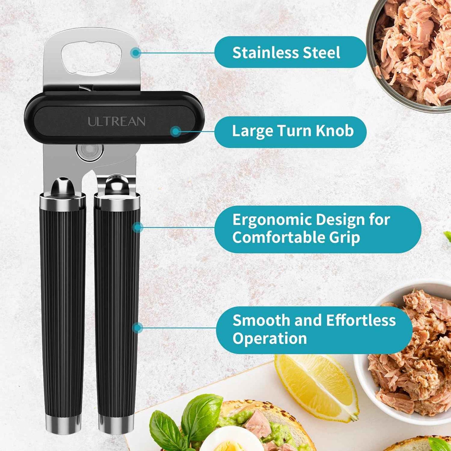 Heavy Duty Stainless Steel Manual Can Opener with Soft Touch Handle and Rust Proof Design