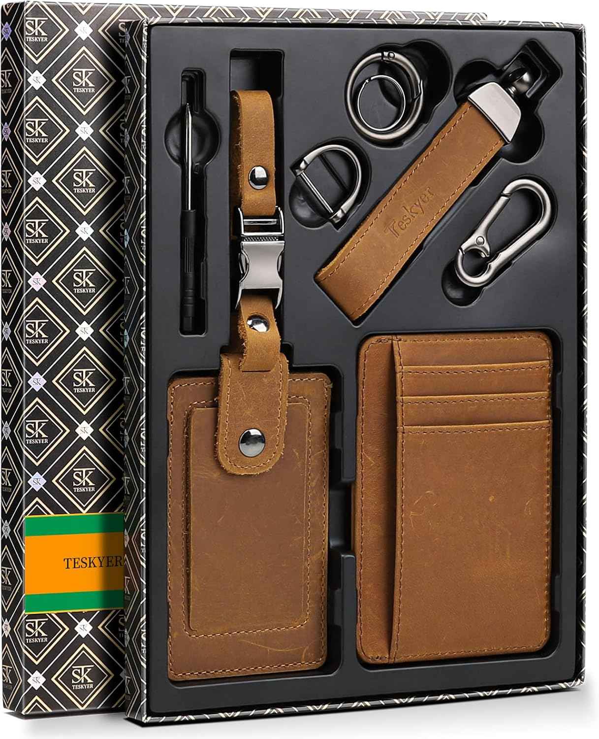 Teskyer RFID Slim Card Holder Wallet for Men, Genuine Leather Gift Set with Luxury Gift Packing - Includes Luggage Tag and Car Keychain - Gift for Dad, Valentine's Day, Birthday & Christmas (Coffee)