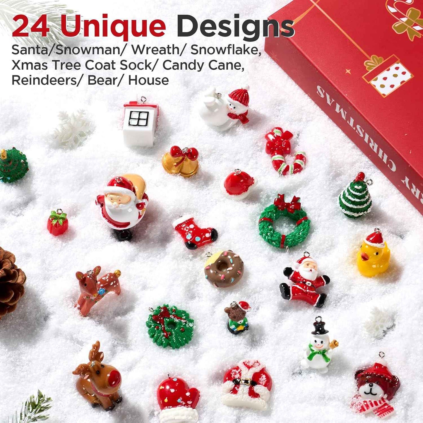 Mini Christmas Ornaments, Sooez Set of 24 Cute Miniature Resin Christmas Tree Ornament Figures Advent Calendar Fillers, Durable & Well-Crafted 3-D Figurines with Gold Loops for Easy Hanging