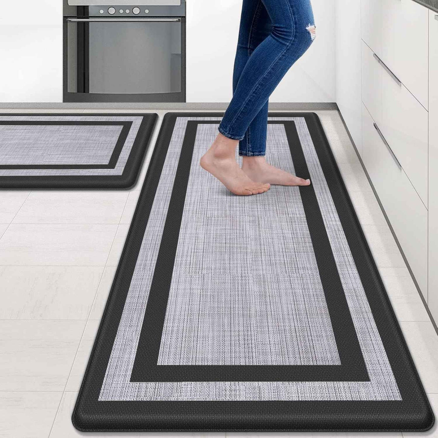 Mattitude Kitchen Mats Set of 2,Cushioned Anti-Fatigue Non-Skid Rug Sets Ergonomic Comfort Standing Mat for Kitchen, Floor, Office, Sink, Laundry, Black and Gray
