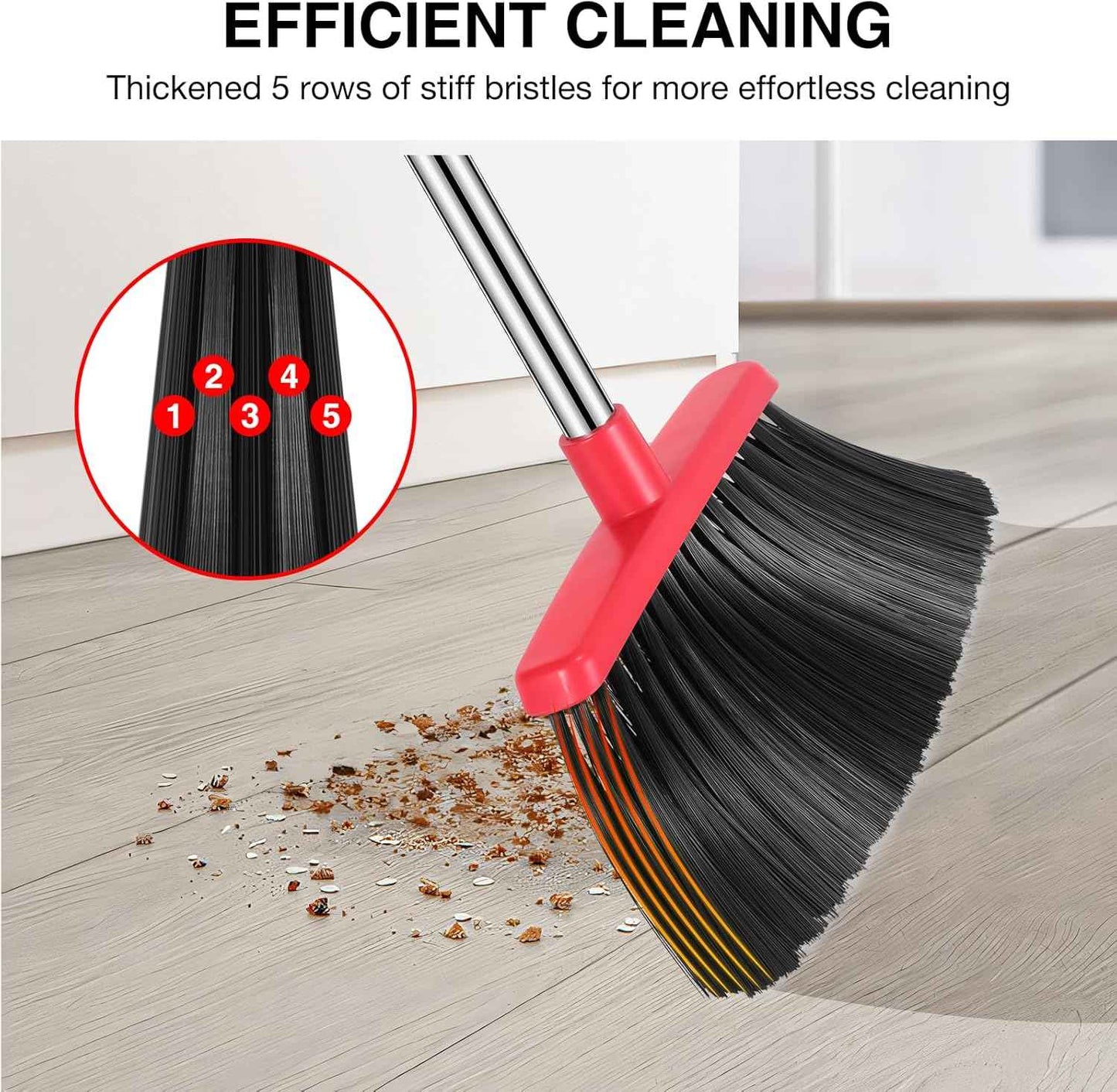 NACENA Broom and Dustpan Set, 52-in Long Adjustable Handle Broom Dustpan Combo with Dustpan Teeth to Automatically Clean Hair Suitable for Home Kitchen Office Hall FloorοΌBlack&RedοΌ