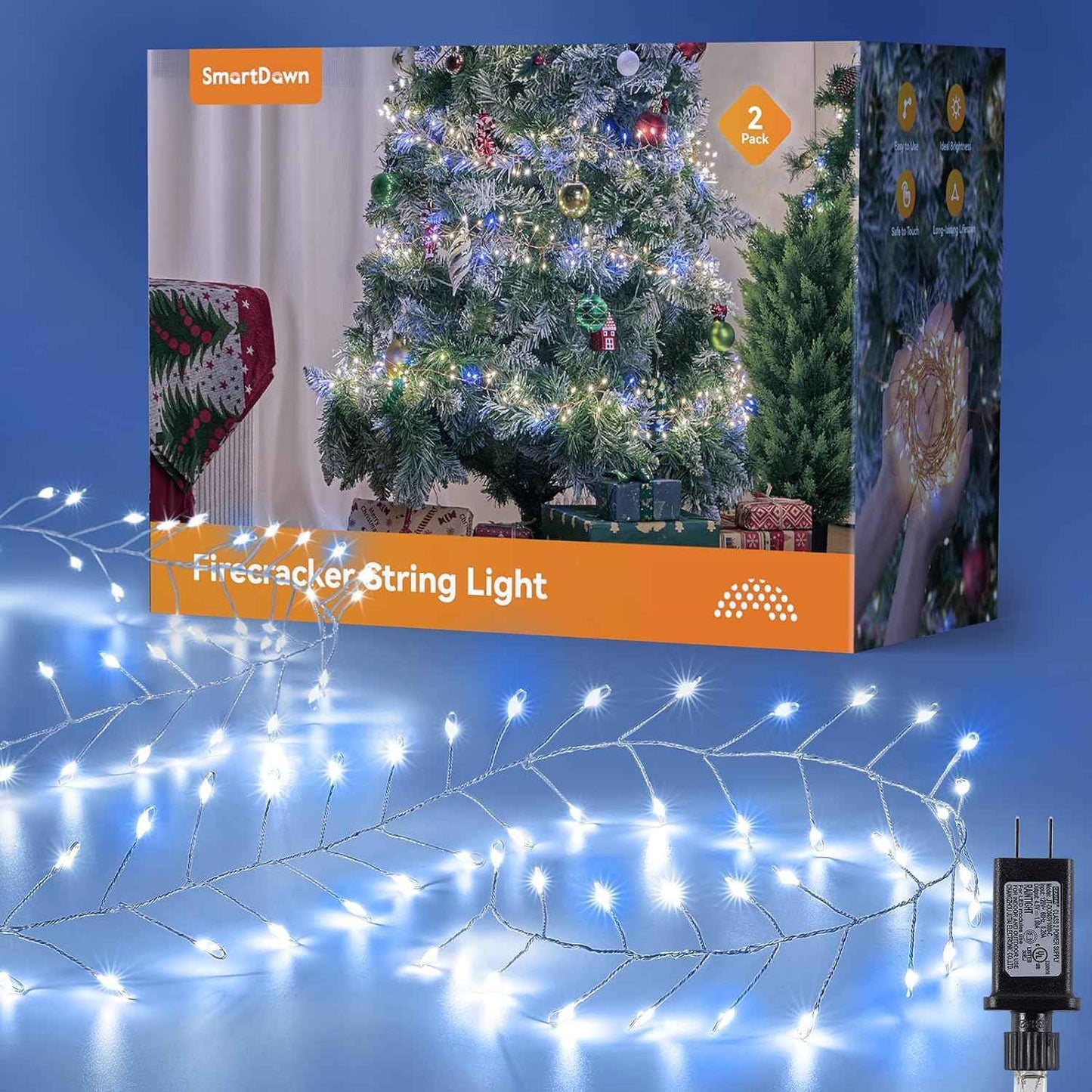 Fairy Lights Plug-In String Lights, 200 LED Twinkle Firecracker Lights, Waterproof Christmas Tree Lights for Indoor/Outdoor Bedroom, Patio, Garden Décor