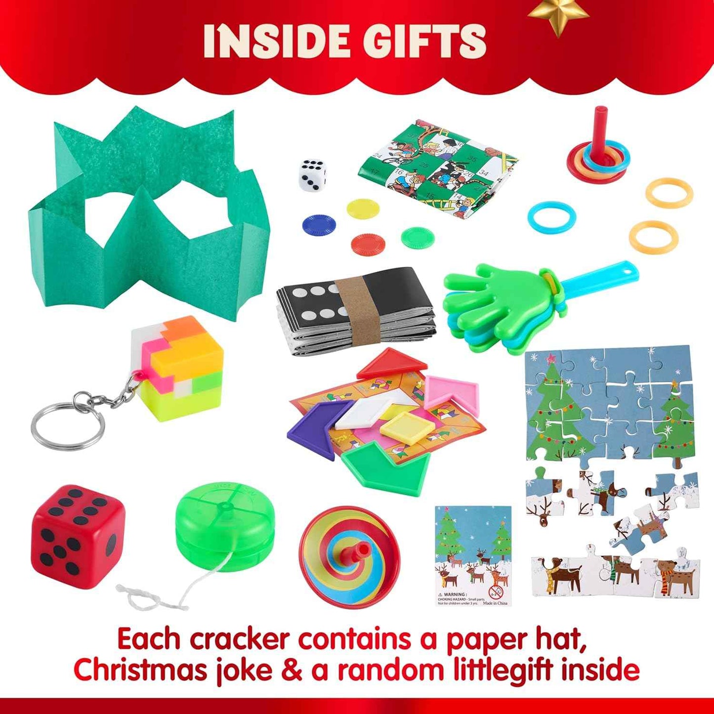 JOYIN 10 Pack Christmas Non-Snap Party Favor with Cute Characters, Includes Party Hat, Joke & Gift, Christmas Table Decorations for Holiday Dinner Traditions Supplies, Stocking Stuffers for Kids