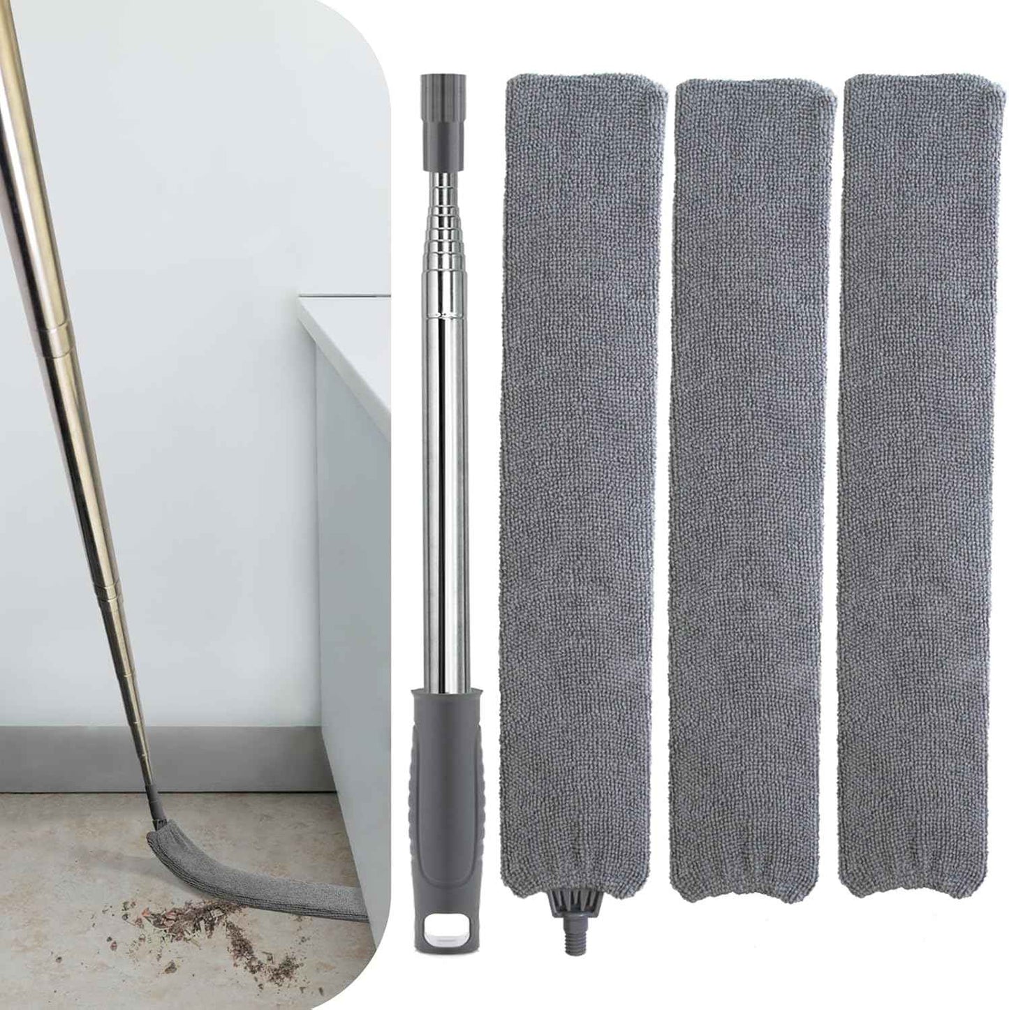 Retractable Gap Dust Cleaner with Extension Pole, Cleaning Tools with 3 Microfiber Dusting Cloths, Extendable Long Handle Duster for Cleaning Under Refrigerator Furniture Appliance
