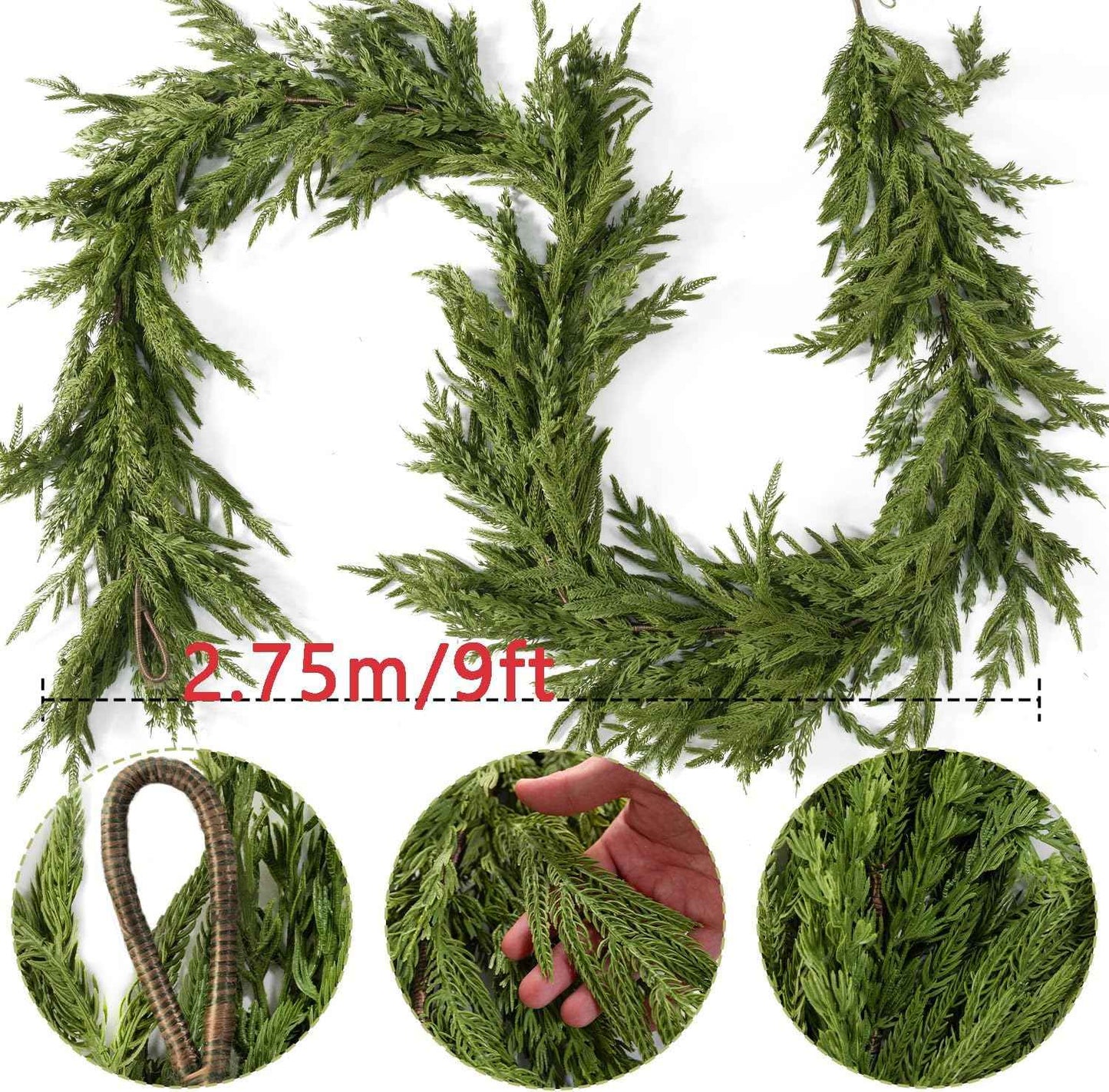 9ft Handmade Christmas Garland,Artificial Norfolk Pine Needles Greenery Seasonal Garland for Christmas Firepalce Winter Holiday Indoor Outdoor Decoration