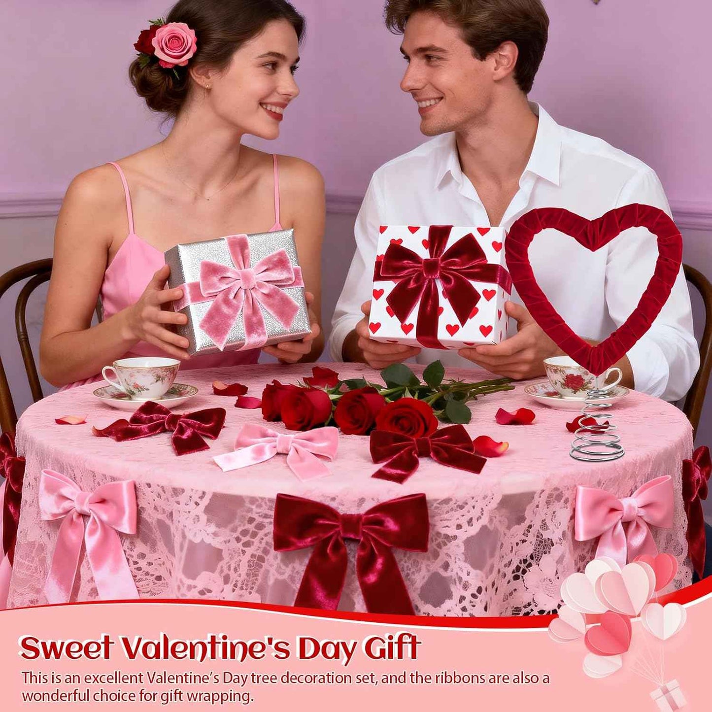 Valentine's Day Heart Tree Topper with 2 Rolls Velvet Ribbon, Velvet Tree Topper Decorations Red Pink Ribbon Ornaments for Valentine's Day Wedding Holiday Party Supplies Gifts Home Decor