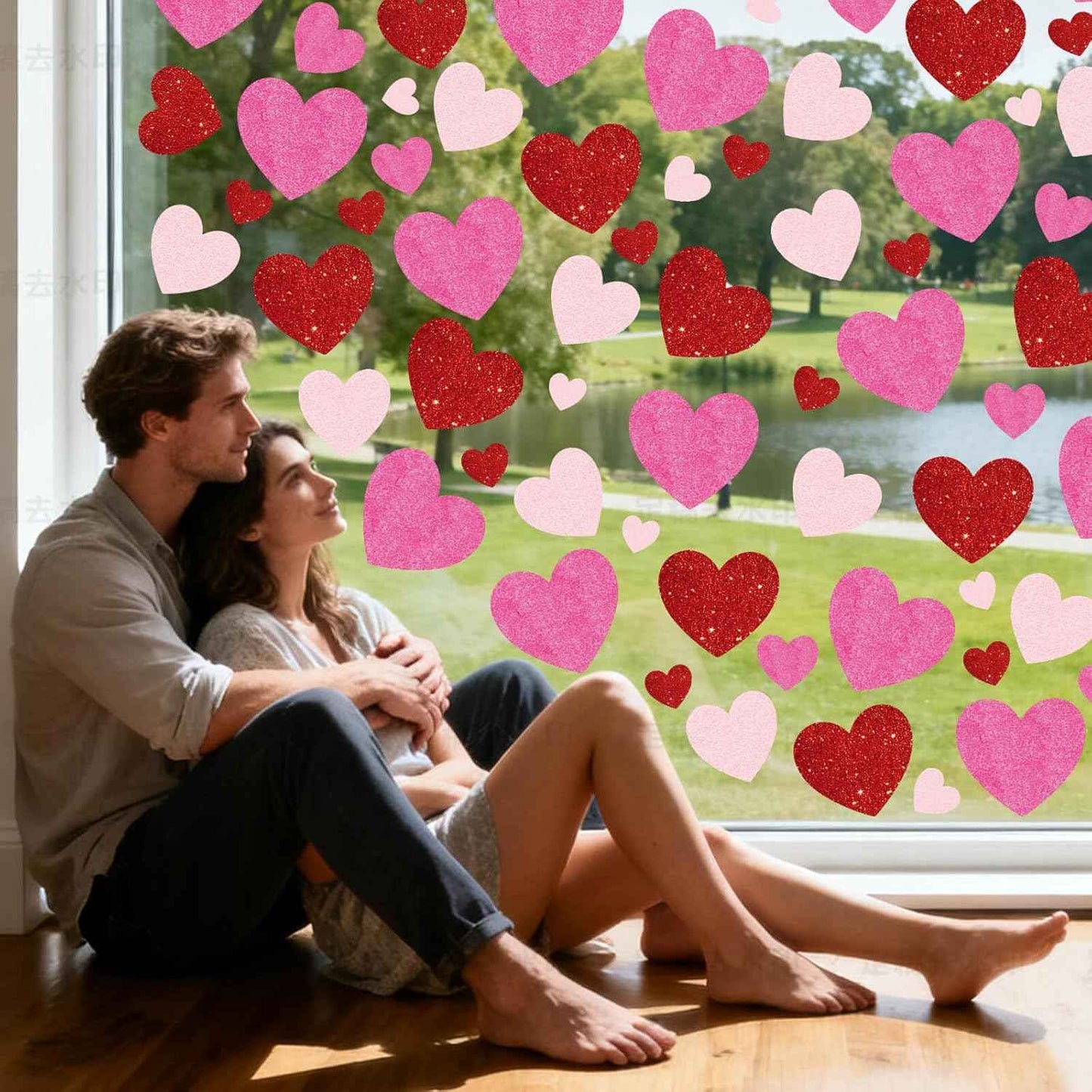 9 Sheets Valentines Day Window Clings Decoration, Glitter Heart Stickers Decor for Galentine's Day, Red Pink Decals for Home, Office, Classroom, Glass Doors