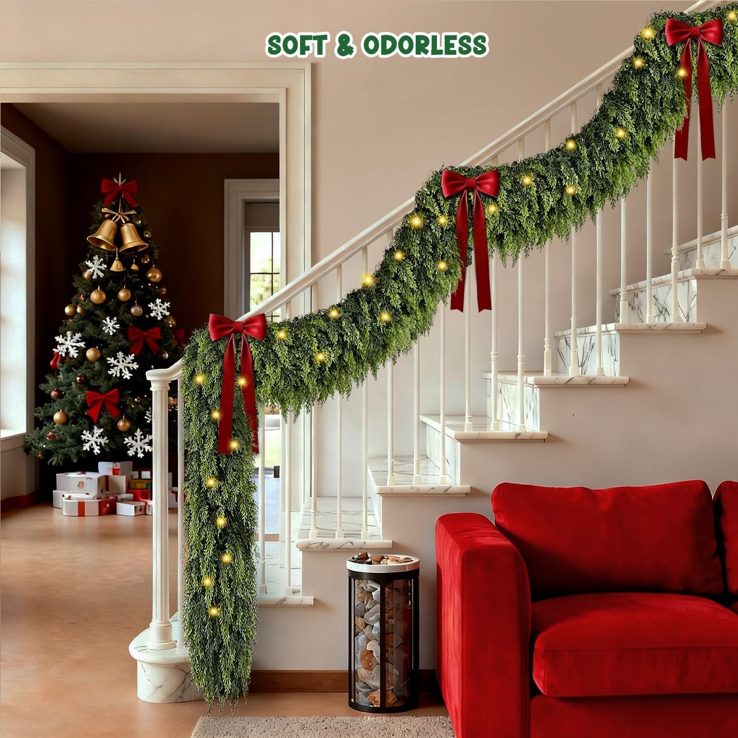 9FT Cedar Garland with Lights, Prelit Christmas Garland Artificial Realistic, Real Touch Pine Christmas Garland for Mantle Stairs Outdoor Decoration, Battery Operated Faux Greenery Garlands Thick Lush