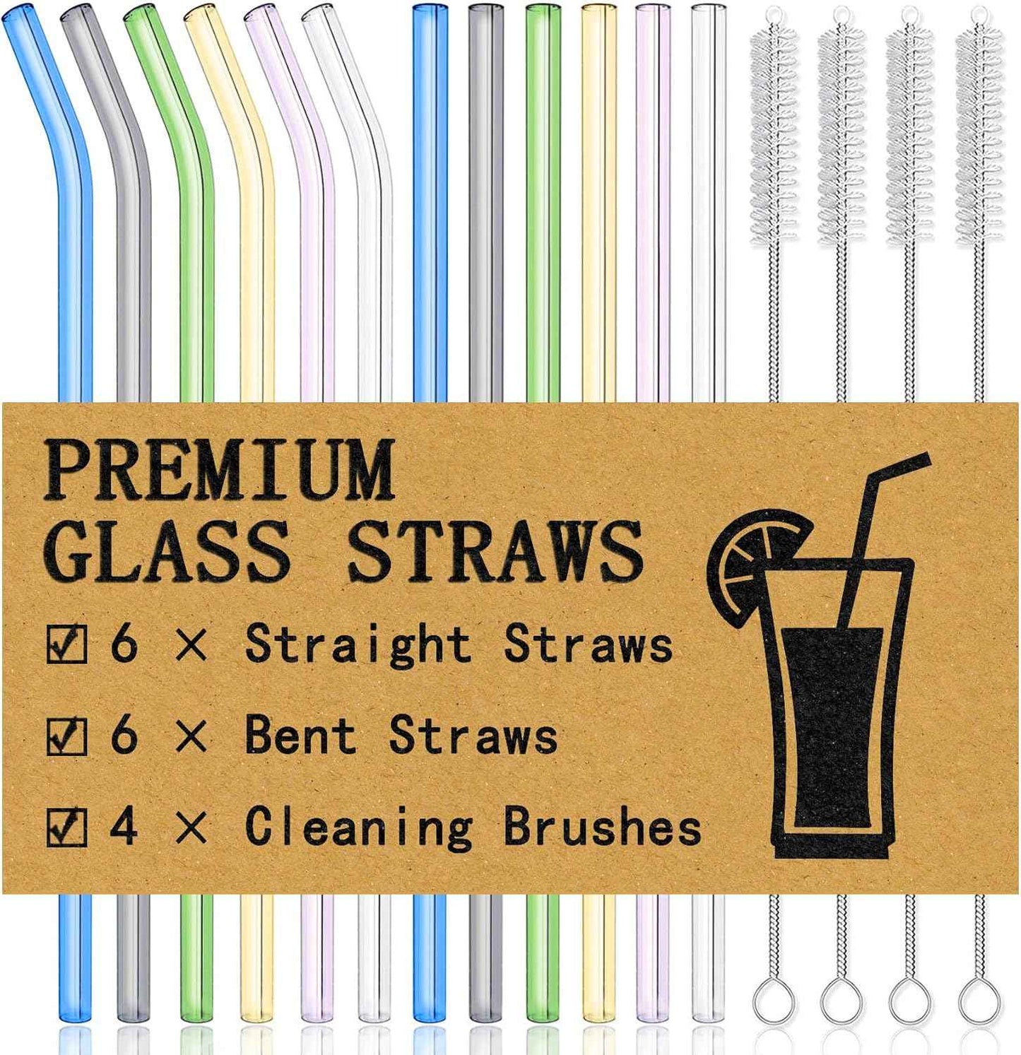 Piteno® 16-Pack Reusable Glass Straws Set, Clear Glass Drinking Straws, 8.5''x10MM, Set of 6 Straight and 6 Bent with 4 Cleaning Brushes, Perfect for Smoothies, Milkshakes, Juice, Tea