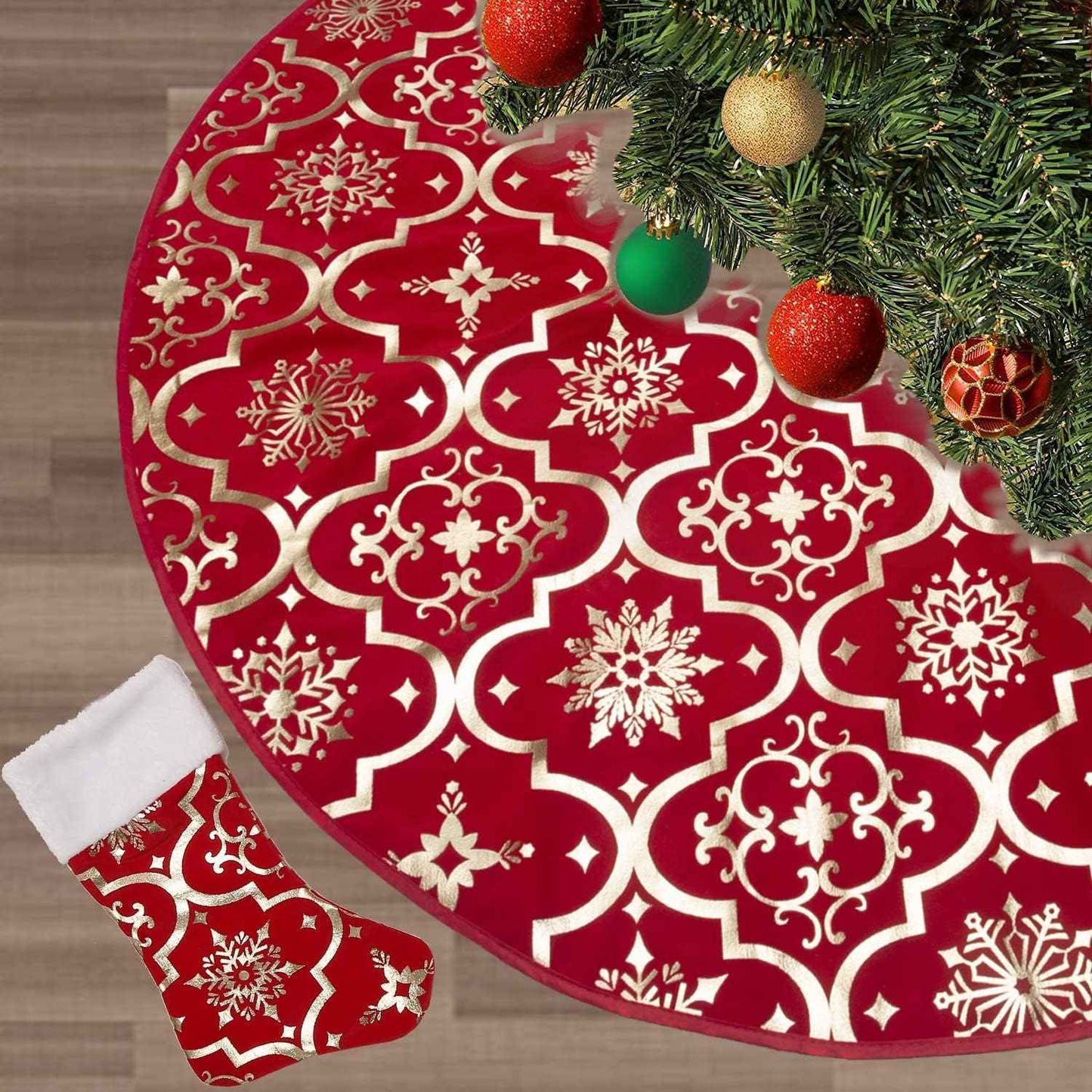 Flash World 48 Inch Large Christmas Tree Skirt Xmas Soft Cover Mat Decor Snowflake Collar Farmhouse Tree Skirt for Holiday Ornaments Party Home Indoor Decorations (Red, 48INCH)