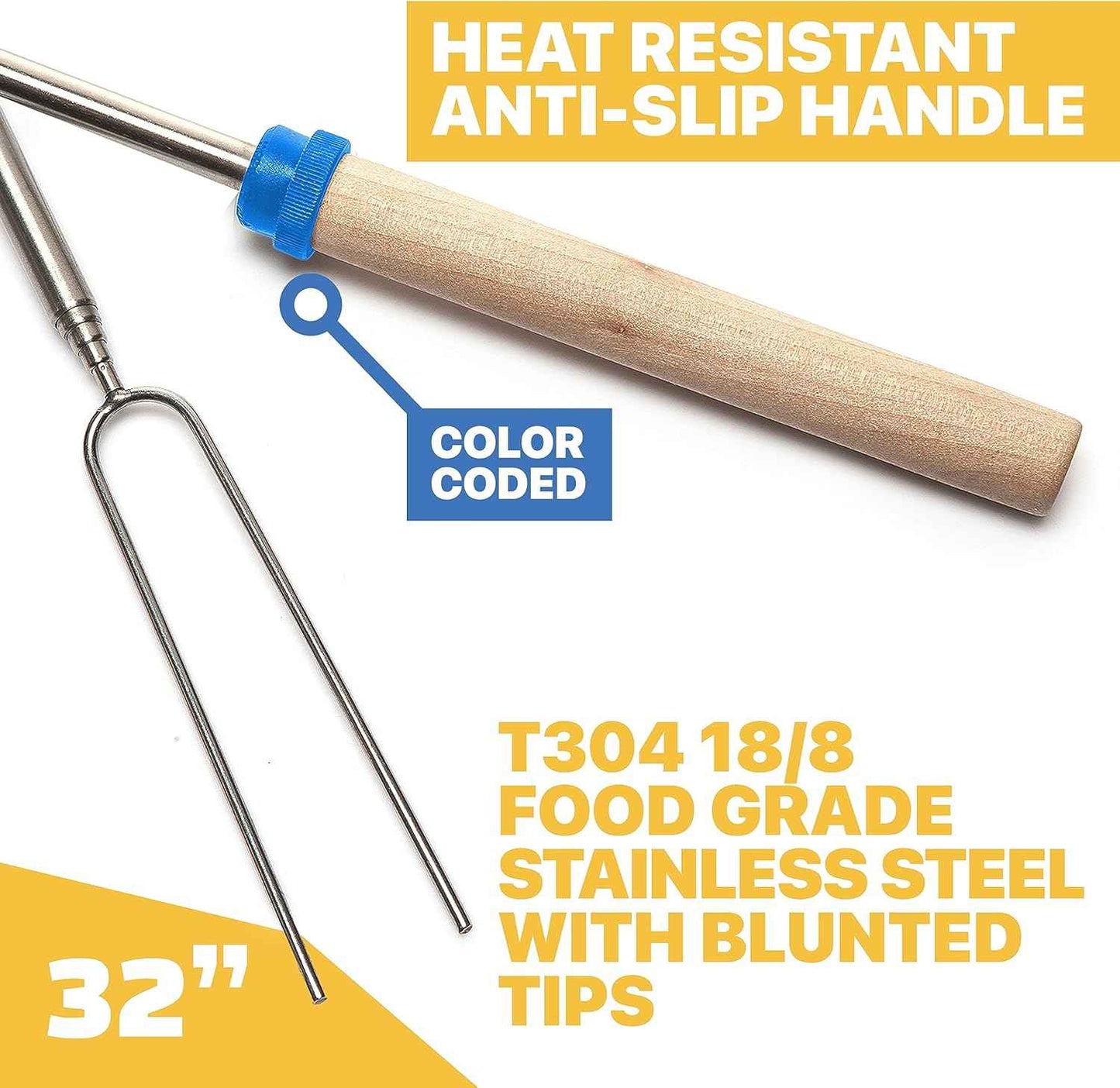 MalloMe Smores Sticks for Fire Pit Long - Marshmallow Roasting Sticks Smores Kit - Smore Skewers Hot Dog Fork Campfire Cooking Equipment, Camping Essentials S'mores Gear Outdoor Accessories 32" 5 Pack