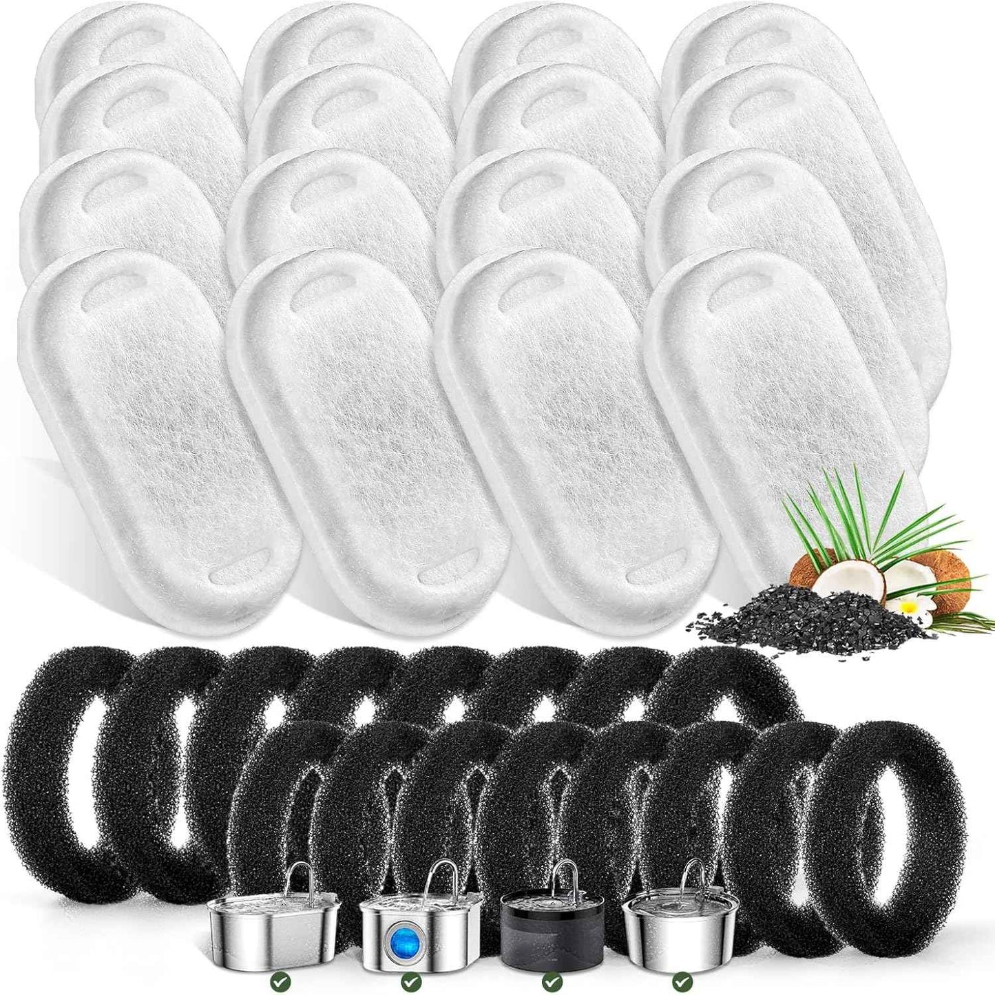 Cat Water Fountain Filters for Stainless Steel 67oz/2L Adjustable Water Flow Pet Fountain, 8 Pack Pet Replacement Filters with 8 Sponges