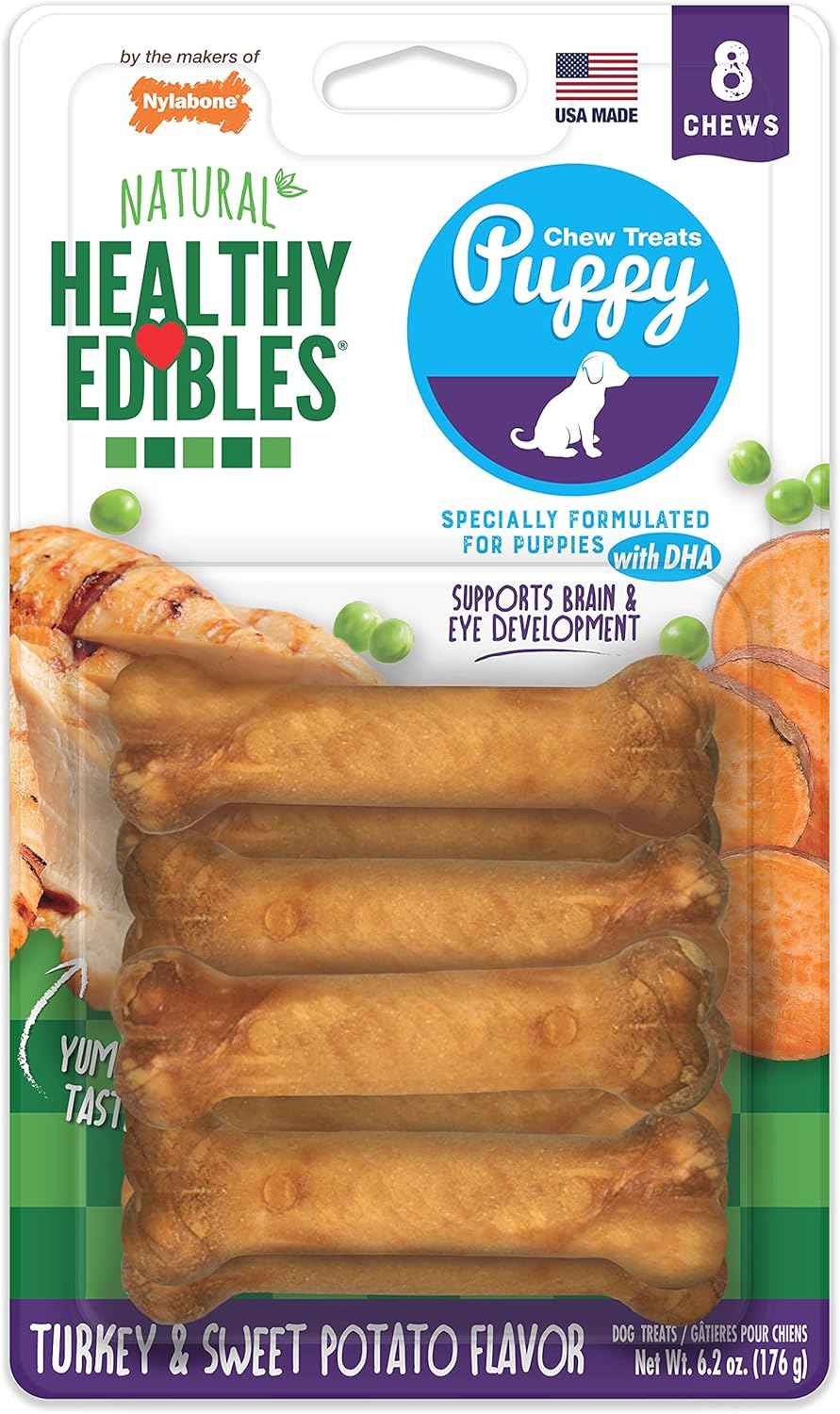 Nylabone Healthy Edibles Natural Puppy Chews Long Lasting Treats for Puppies, Roast Beef, Apple & Bacon Flavor, X-Small/Petite (3 Count)