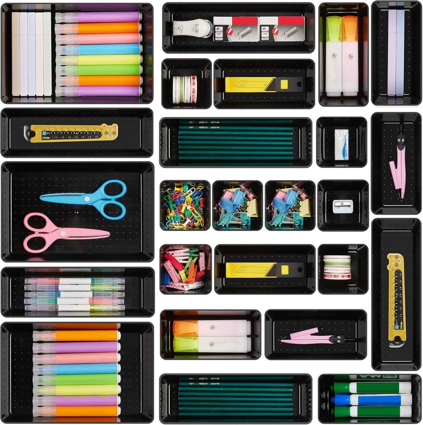 Vtopmart 25 PCS Clear Plastic Drawer Organizers Set, 4-Size Versatile Bathroom and Vanity Drawer Organizer Trays, Storage Bins for Makeup, Bedroom, Kitchen Gadgets Utensils and Office