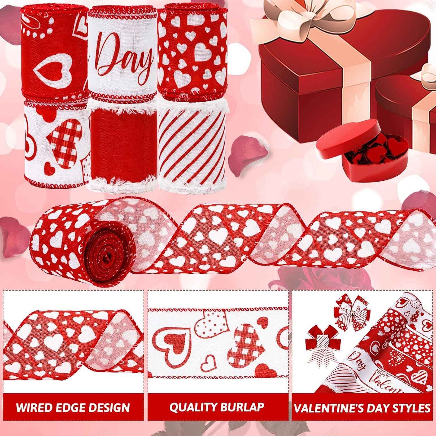 Whaline 36 Yard Happy Valentine's Day Wired Edge Ribbon Red White Love Hearts Craft Ribbon with Burr Wedding Fabric Wrapping Ribbon for Anniversary Wreath Bow Making DIY Crafts Supplies, 6 Roll