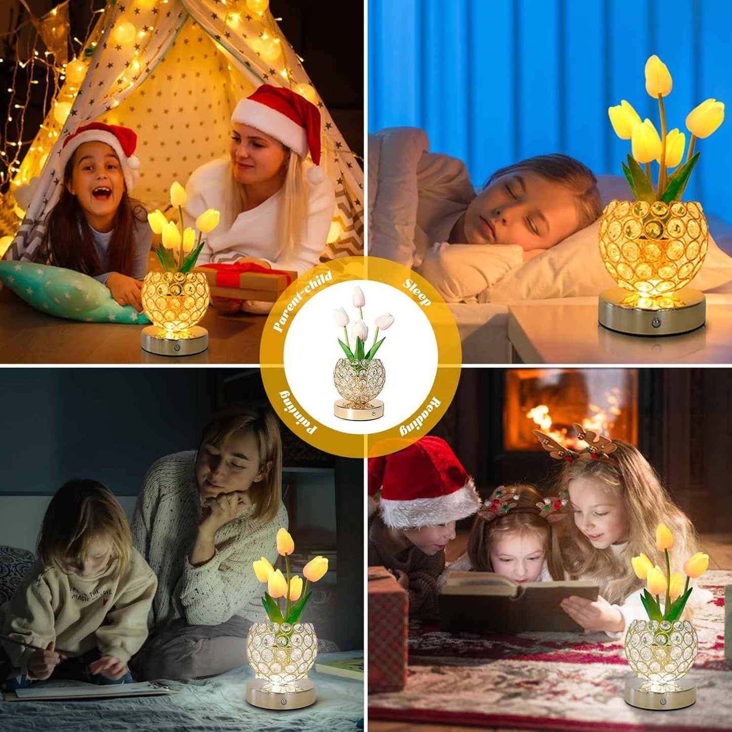 Tulip Crystal Flower Lamp Touch Lamp,Rechargeable Cordless Table Lamp, 3-Colour Infinitely Dimming Battery Powered Small Night Light,Gift for Mom for Valentine Day,Mothers Day,Xmas,Birthday (Pink)