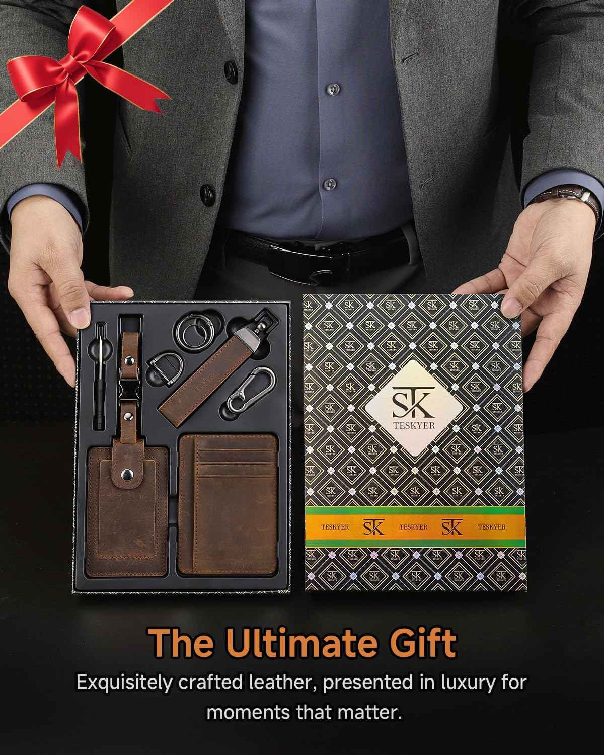 Teskyer RFID Slim Card Holder Wallet for Men, Genuine Leather Gift Set with Luxury Gift Packing - Includes Luggage Tag and Car Keychain - Gift for Dad, Valentine's Day, Birthday & Christmas (Coffee)