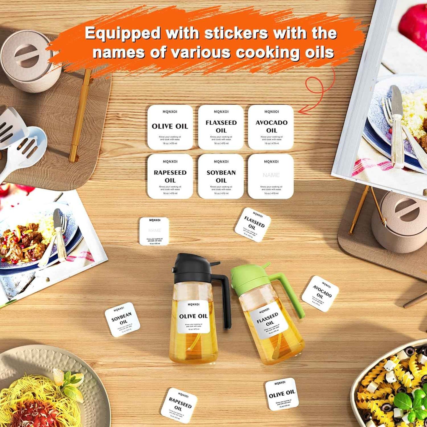 2 in 1 Glass Oil Sprayer & Dispenser,16oz/470ml Olive Cooking, Air Fryer, and Salad, for Kitchen Gadgets and Air Fryer Accessories, w/Stickers (Black)