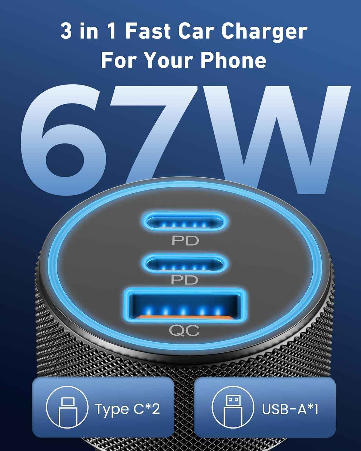 USB C Car Charger, 3-Port 67W Dual USB-C & USB-A Car Power Adapter PD/QC Fast Charging Cigarette Lighter for iPhone 17/16/15/14/13/12/11 Pro Max, iPad, Samsung Galaxy S25 S24/S23/S22, Pixel, Android