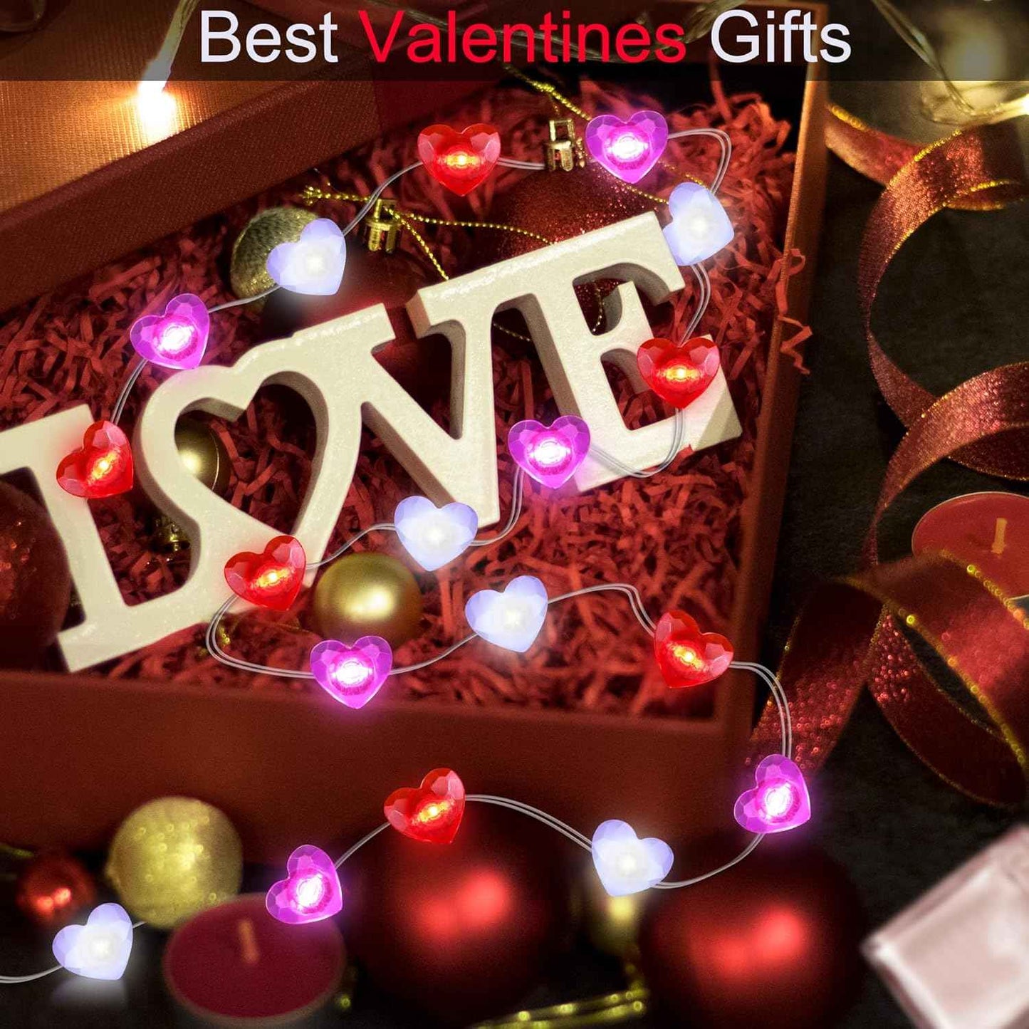 Valentines Decor 10FT 30 LED Valentine's Lights with Timer, Red Pink White Heart Lights String Battery Operated, 8 Modes Valentines Decorations Heart Fairy Lights Romantic Decor Home Bedroom