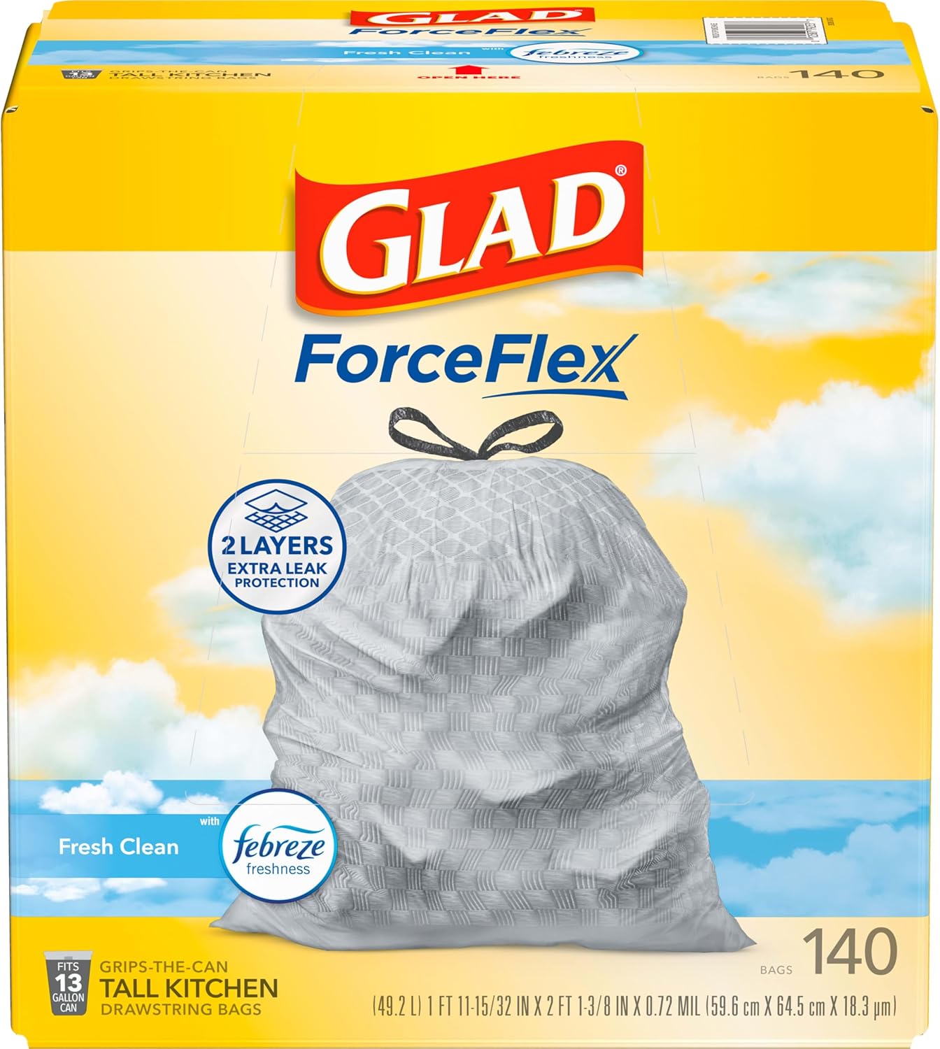 Glad ForceFlex Tall Kitchen Trash Bags, 13 Gallon, Gain Fresh Clean, 40 Count (Package May Vary)
