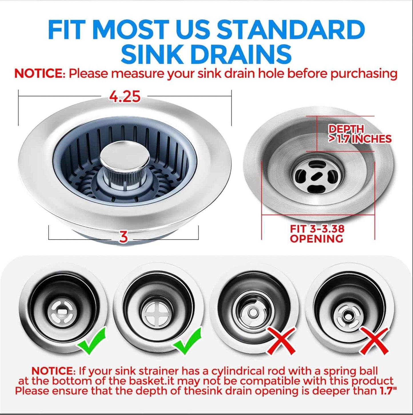 Upgraded 3in1 Kitchen Sink Drain Strainer & Sink Stopper, Stainless Steel Kitchen Drain Plug & Sink Installation Parts with Anti-Clogging Basket, Fit US Standard 3-1/2'' Sink Drain Hole, Silver