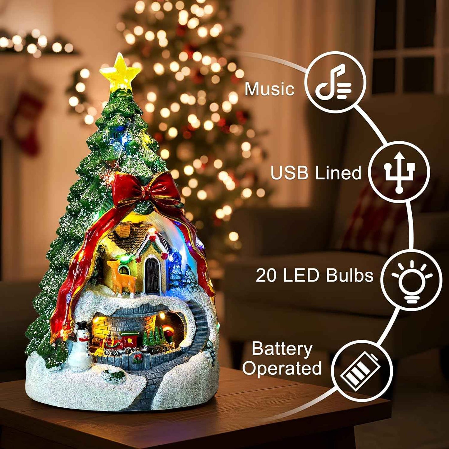 Animated Collection Figurines Musical Christmas Tree Spinning Train Deer Snowman with Rotating Train, Lighted Christmas Collection Figurines for Home Tabletop Decorations Ornaments Gifts