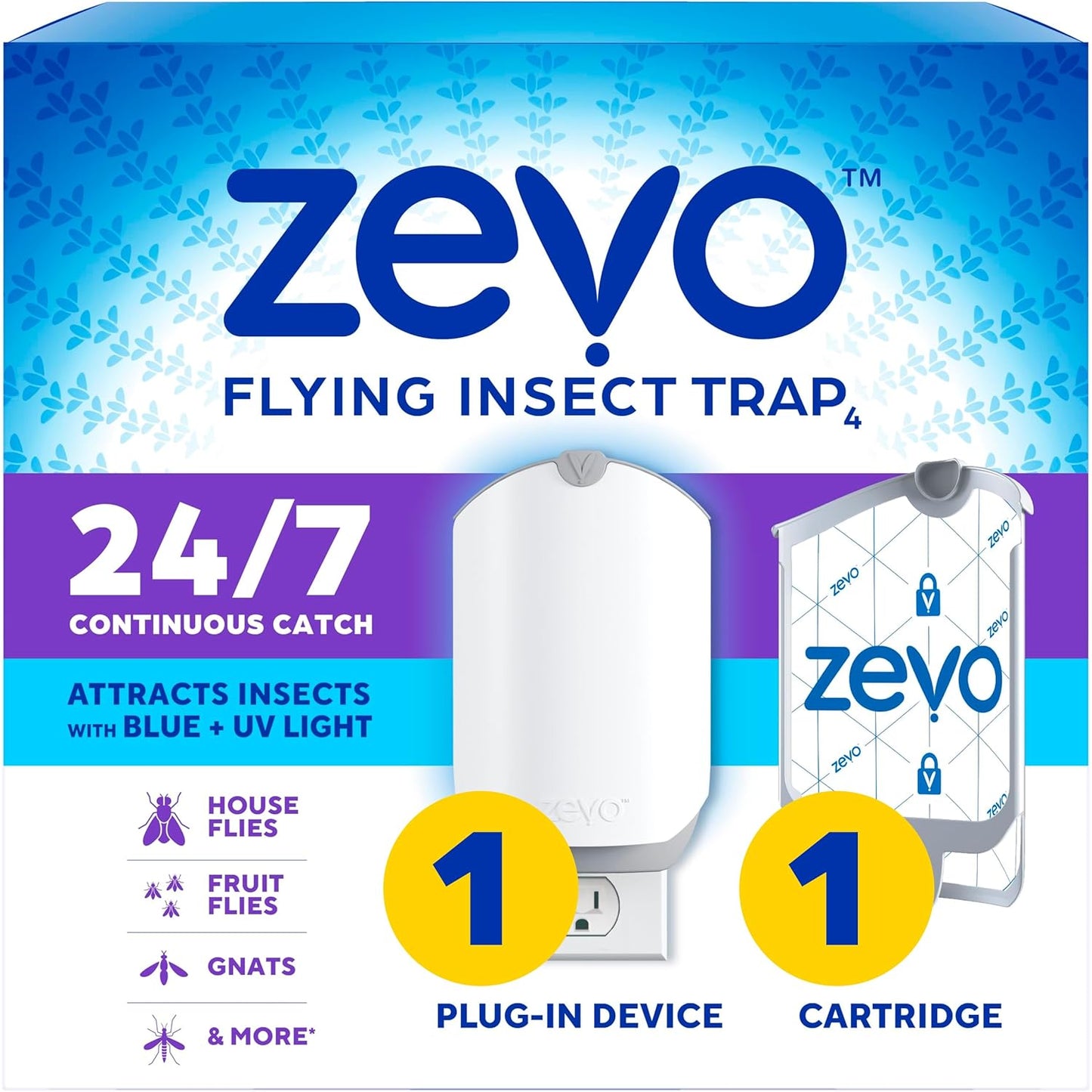 Zevo Flying Insect Trap & 3 Refill Cartridges - Plug in Fly Trap & Indoor Bug Catcher for Gnats, House & Fruit Flies - Blue & UV Light Technology, Mess-Free Alternative to Bug Zapper