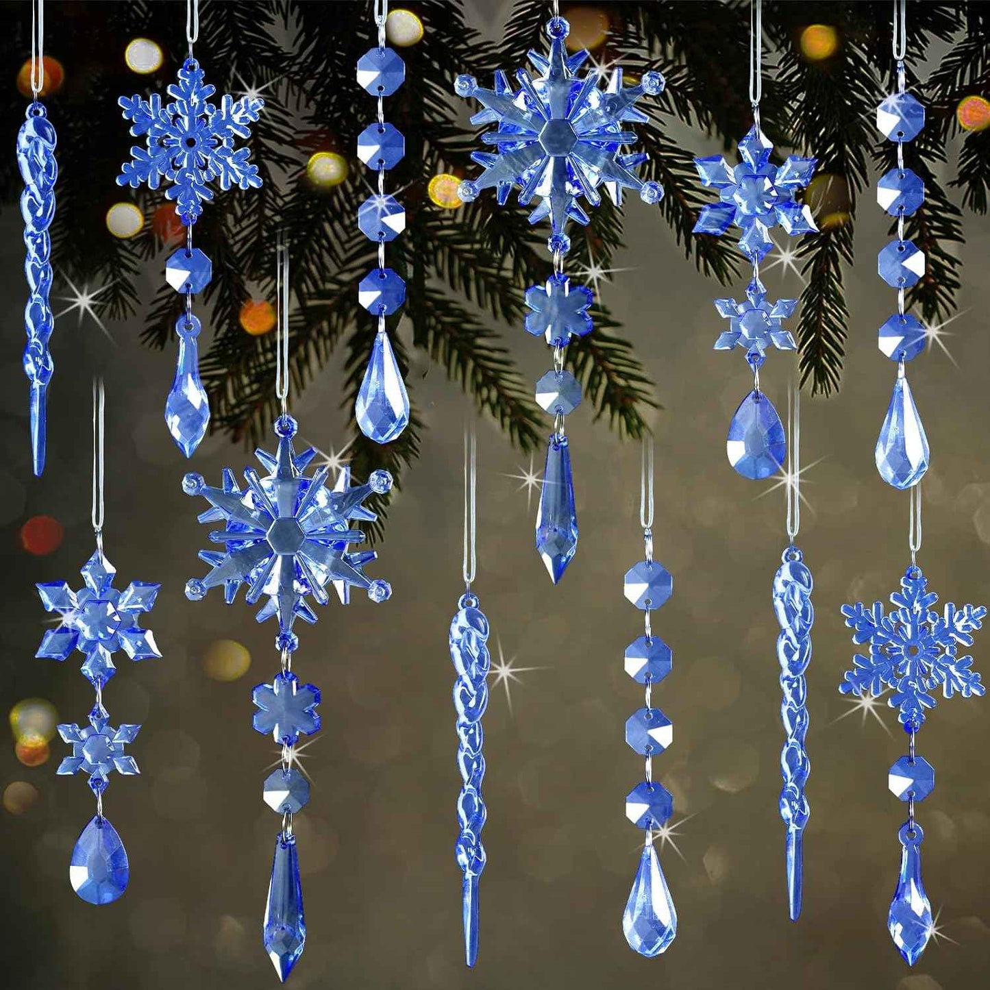 18pcs Crystal Christmas Ornaments for Tree Decorations-Hanging Acrylic Snowflake Icicle Ornaments with Drop Pendants for Winter Wonderland Chandelier Crystals Decorations Supplies