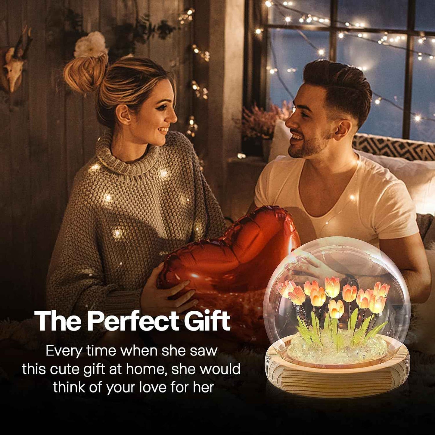 ONXE Valentines Day Gifts for Her Women, Tulips Night Light Cute Flower Lamp in A Glass Dome,Romantic Valentine's Day Home Room Decor, Anniversary Birthday Gift for Girlfriend Mom Sister Grandma Wife