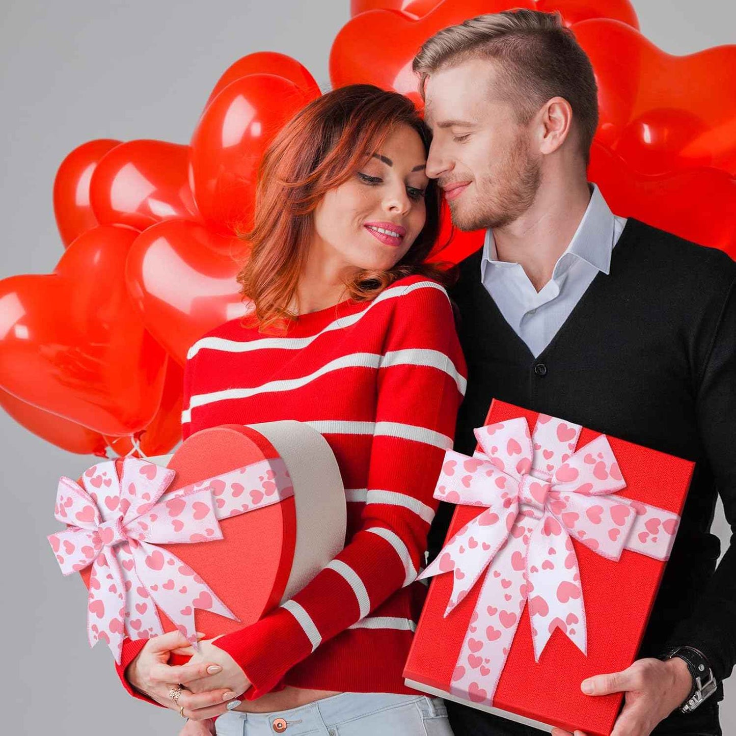 Dingion Valentine's Day Burlap Wired Ribbon 2 Rolls 12 Yards Heart Printed Love Edge Ribbon 2.5 in Patterned Hearts for Favor Wrapping Wreaths Craft Prensent Wrapping Decorative (Pink)