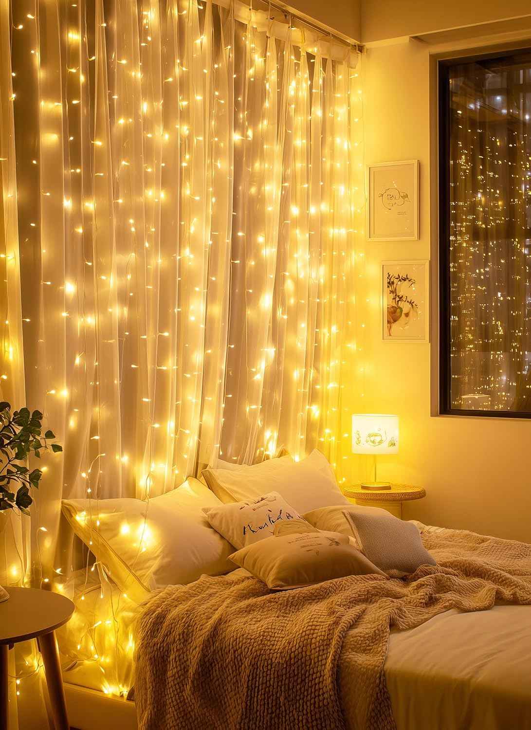 Brightown 300 LED Fairy Curtain Lights, 9.8ft x 9.8ft Warm White Curtain String Lights, USB Plug in 8 Lighting Modes Christmas Decoration, Hanging Lights with Remote for Bedroom Indoor Weddings Dorm