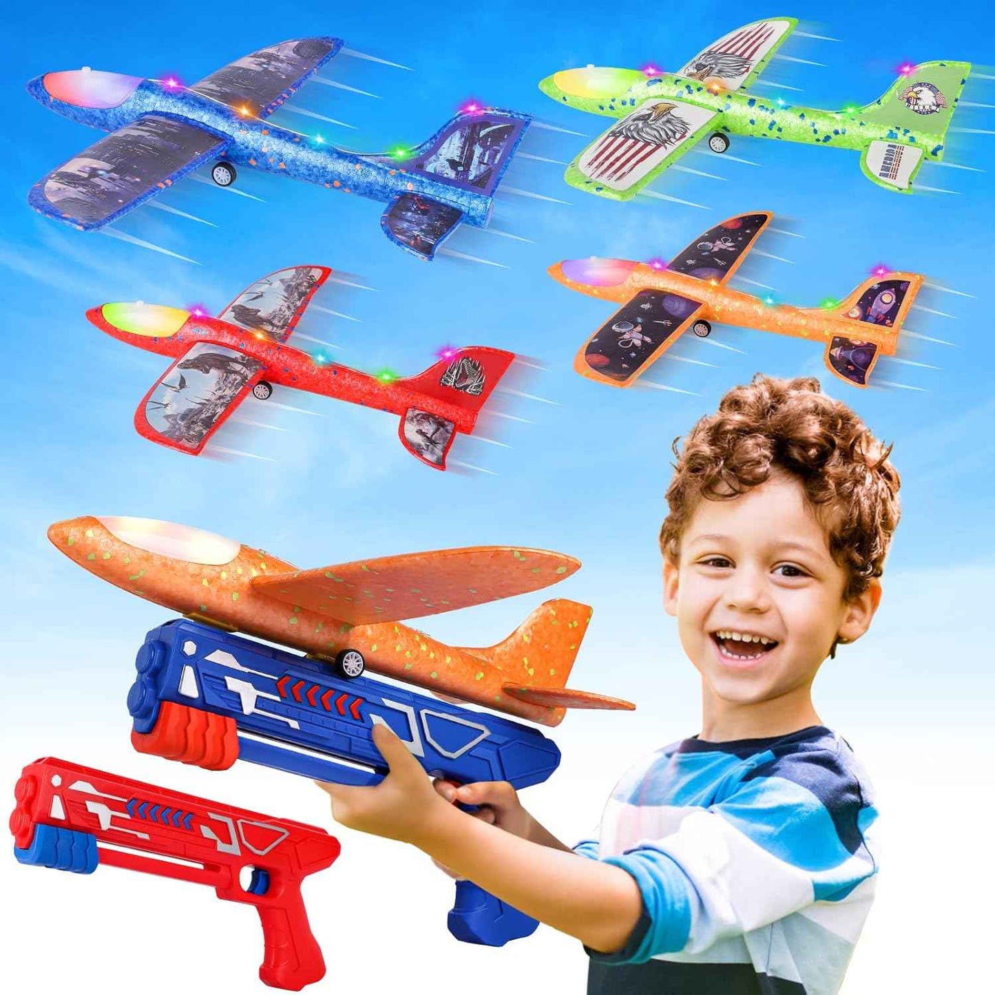 Fuwidvia 3 Pack Airplane Launcher Toys, 13.2'' LED Foam Glider Plane Toy for Boys, 2 Flight Modes Outdoor Flying Toys Birthday Gifts for Boys Girls 4 5 6 7 8 9 10 11 12 Year Old (Blue&Green&Orange)