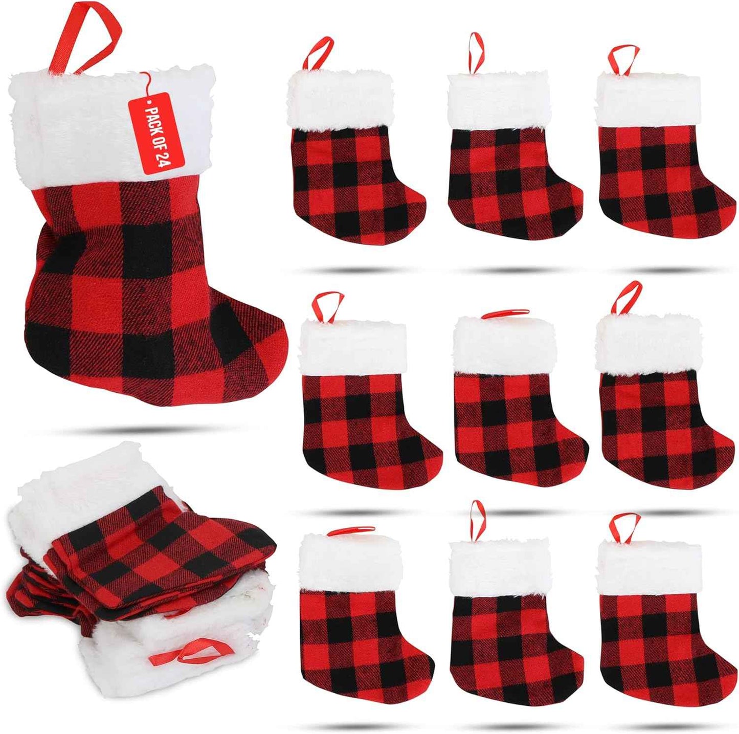 Iconikal 24-Pack Mini Christmas Stockings, 6-Inch, Red Buffalo Plaid Decoration Ornament