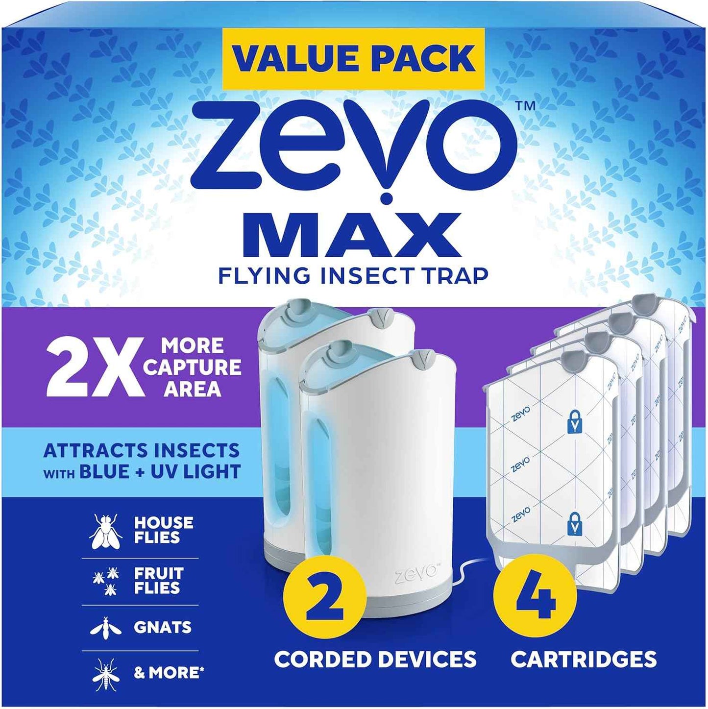 Zevo MAX Bug Catcher & Fly Trap for Indoors - Flying Insect Trap for Gnats, House & Fruit Flies - Use in Any Room - No-Mess Disposal (1 Plug in Base & 2 Cartridges)