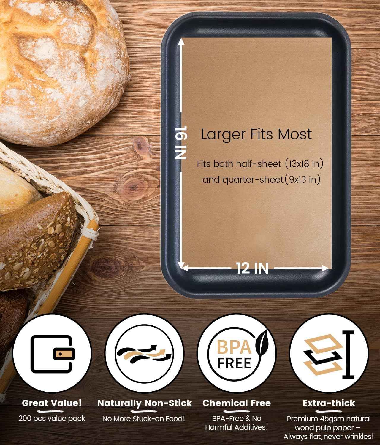 200 PCS Unbleached Parchment Paper Sheets for Baking 12x16 Inches, Non-Stick and Non-Toxic Pre-cut Parchment Sheets for Oven, Cooking, Grilling, Air Fryer and Steaming - Fit for Half Sheet Pans