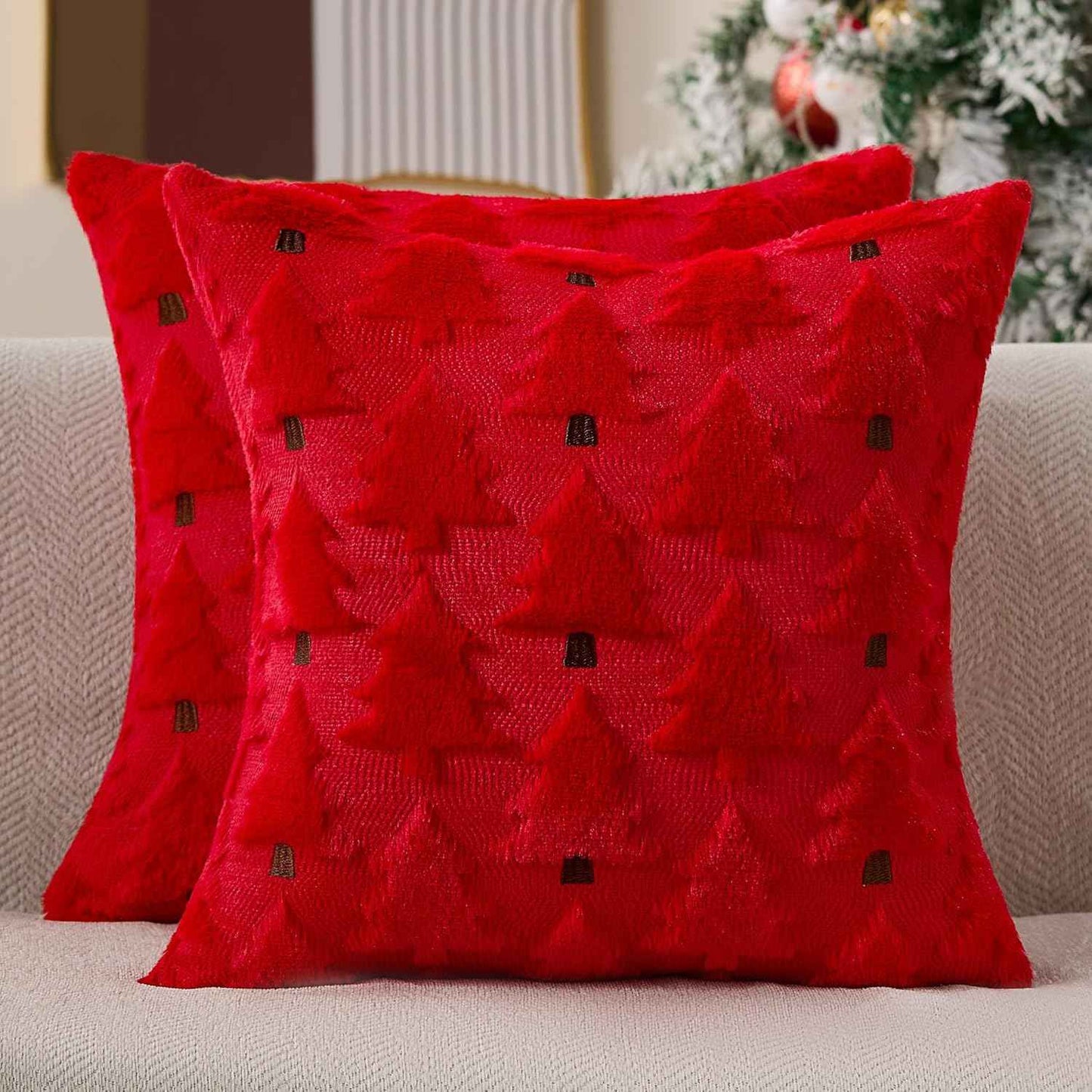 Christmas Pillow Covers 18x18 inch, Set of 2 Soft Plush Faux Fur Wool Throw Pillow Cases with Beige Christmas Tree Design
