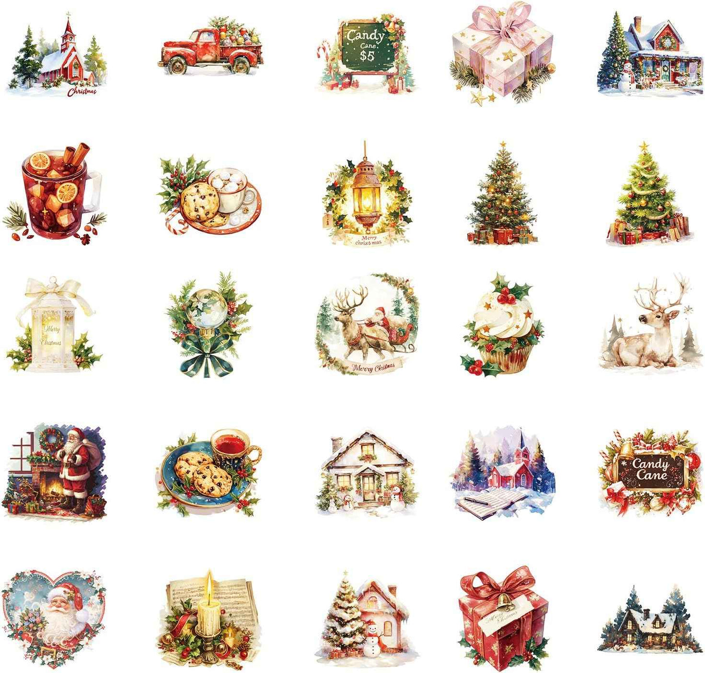 50 PCS Christmas Theme Stickers, Waterproof Xmas Holiday Party Stickers, Kids and Youth Decals for Scrapbook,Xmas Party Favorite (Christmas-01)