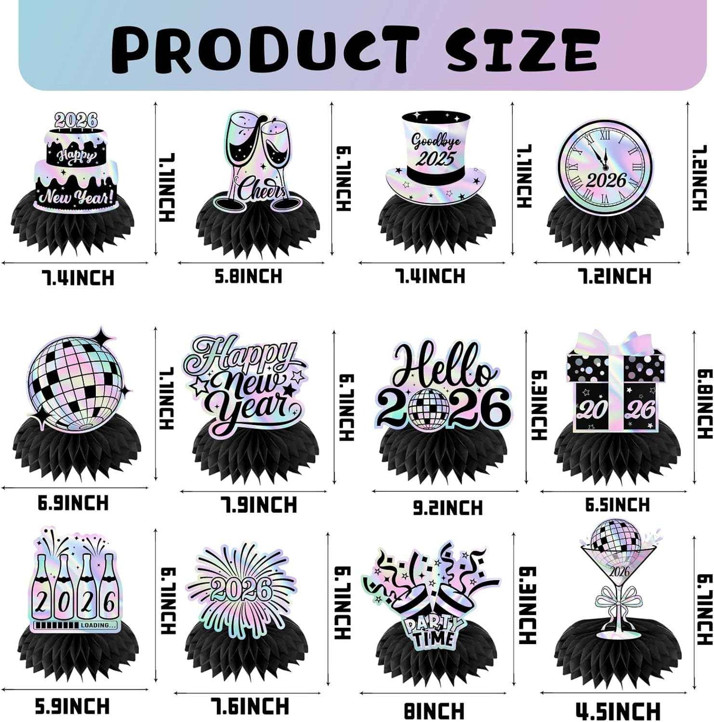 Happy New Year 2026 Honeycomb Centerpieces,Iridescent New Years Eve Decorations 12pcs New Years Table Decorations Centerpiece for 2026 New Year's Eve Supplies