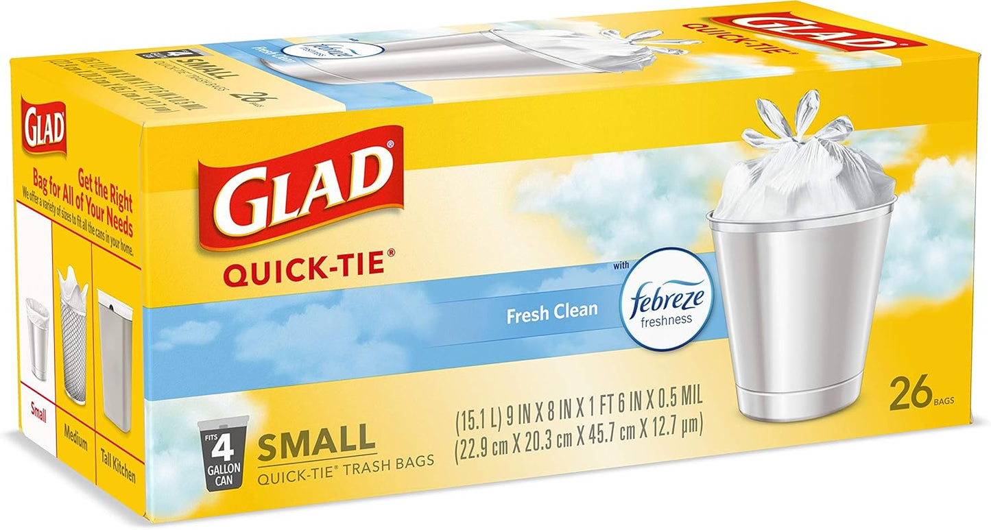 Glad Small Trash Bags 4 Gallon, Febreze Fresh Clean Garbage Bags, Odor Resistant with Quick Tie, 26 Count - Rayz Mart