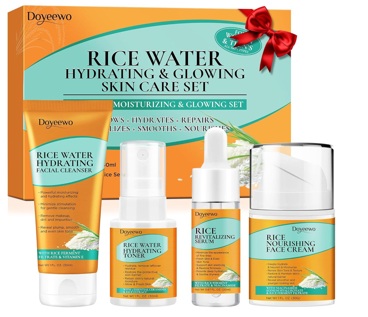 Skin Care Set,6Pcs Women Teen Glass Skincare w/Korean Rice Extract,Hydrate Glow Repair Anti-Aging Facial Routine Kit Self Care Gifts for Women Mom Wife Teenage Girl Her Valentines Day Christmas Gifts