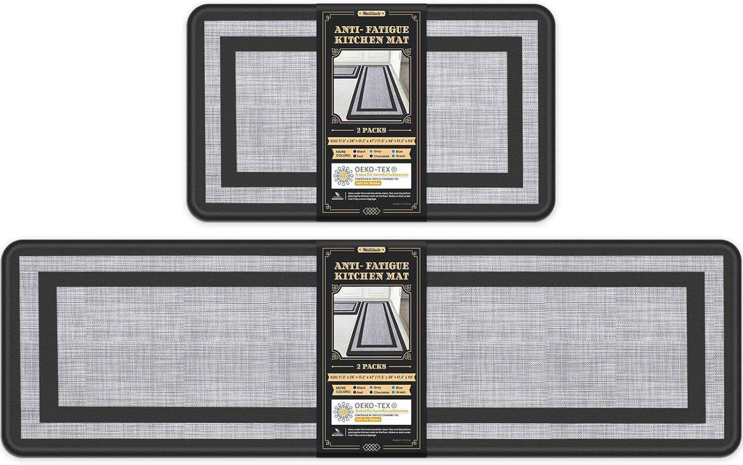 Mattitude Kitchen Mats Set of 2,Cushioned Anti-Fatigue Non-Skid Rug Sets Ergonomic Comfort Standing Mat for Kitchen, Floor, Office, Sink, Laundry, Black and Gray