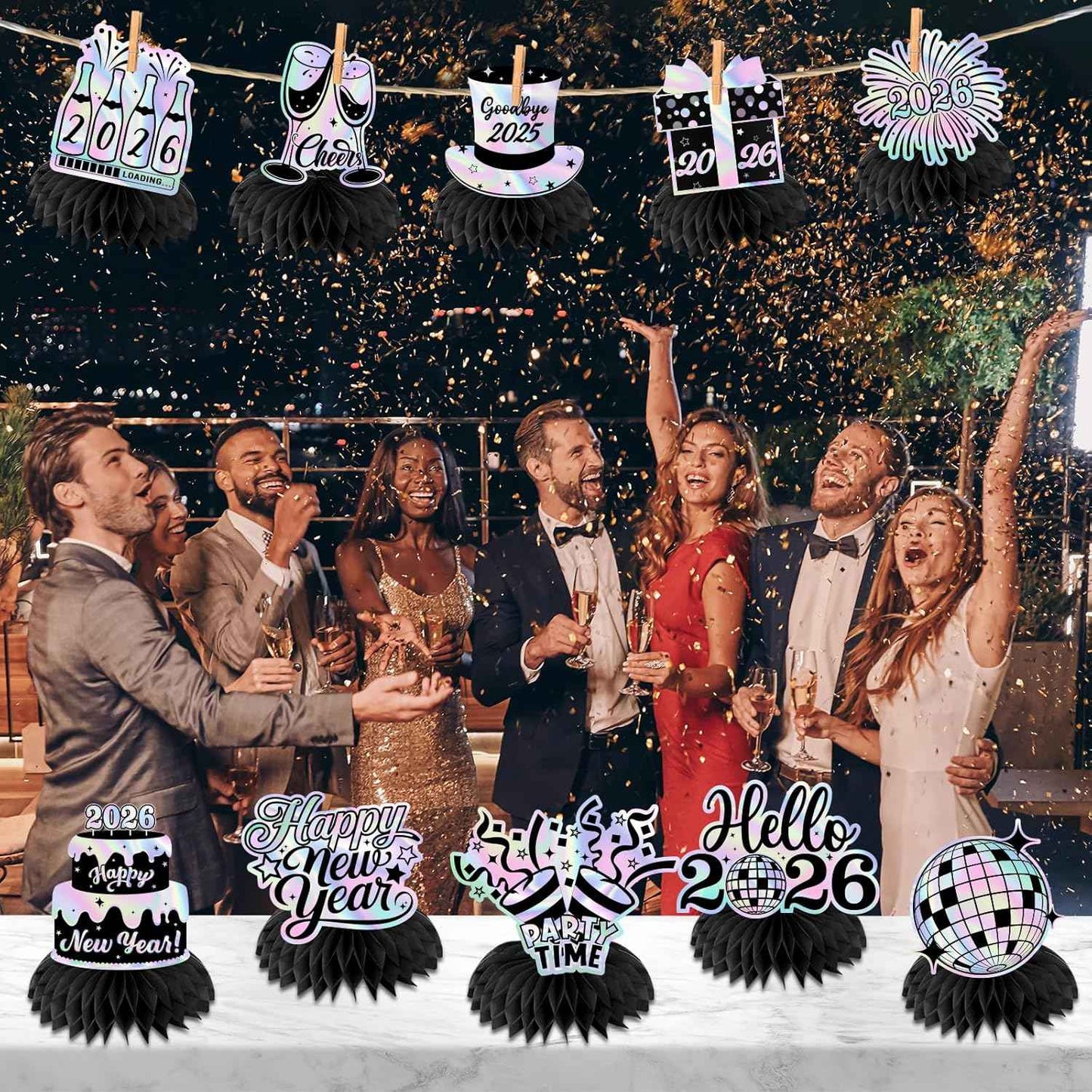 Happy New Year 2026 Honeycomb Centerpieces,Iridescent New Years Eve Decorations 12pcs New Years Table Decorations Centerpiece for 2026 New Year's Eve Supplies