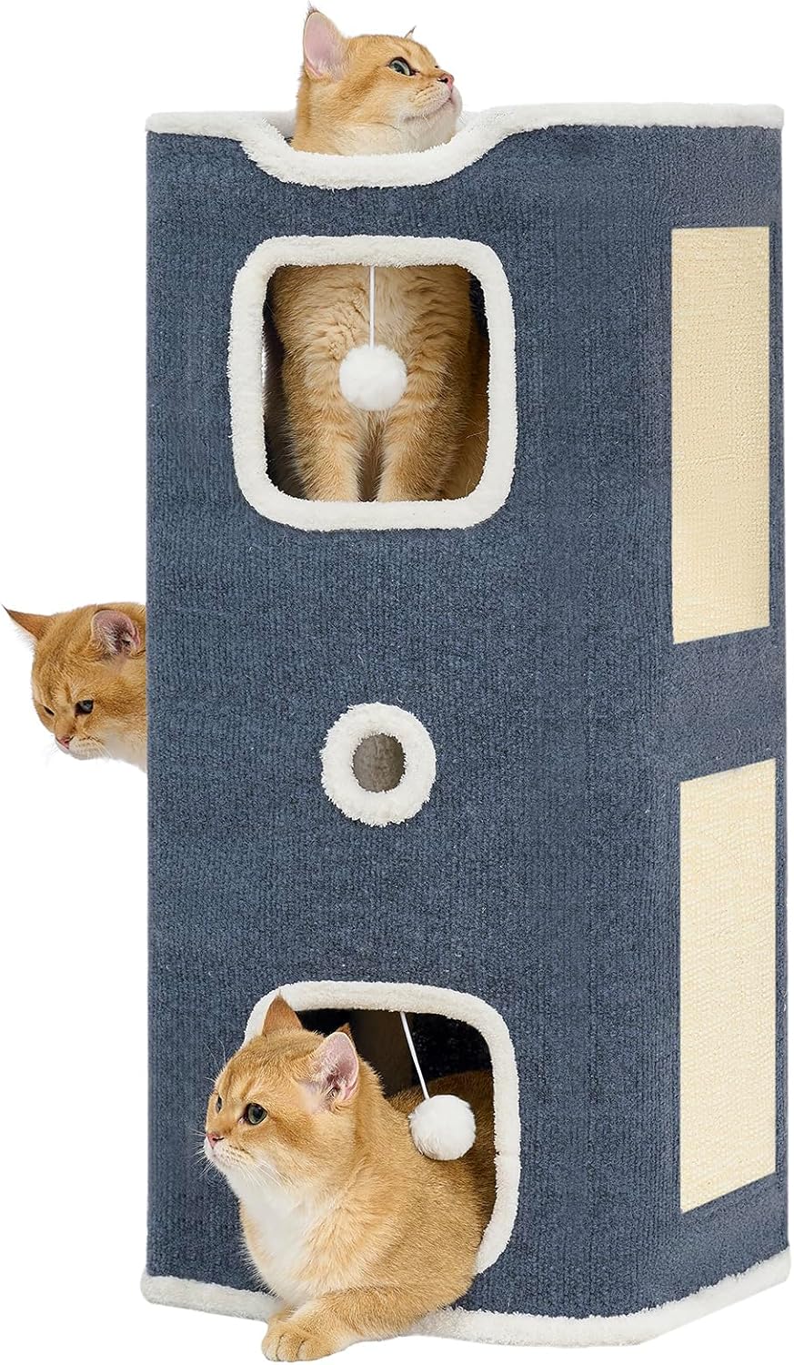 Cat House, Cat Beds for Indoor Cats, 2-Story Cat Condo Cube with Scratch Pad and Fluffy Ball Hanging, Multi-Level Cozy Hideout Ideal for Multiple Cats