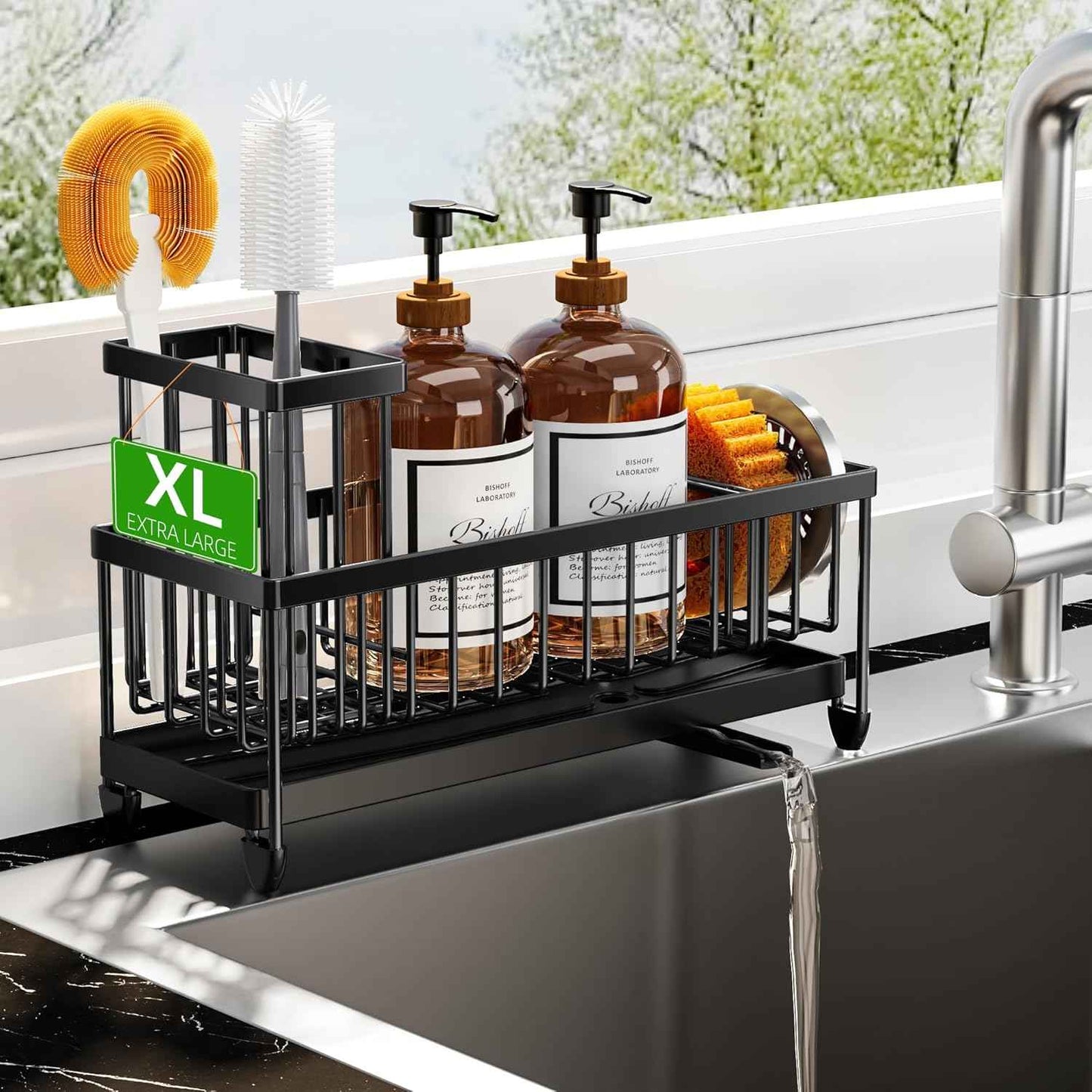 Cisily Silver Sponge Holder for Kitchen Sink, Sink Caddy Organizer with High Brush Holder, Kitchen Countertop Organizers and Storage Essentials, Rustproof 304 Stainless Steel, Soap Dispenser Organize