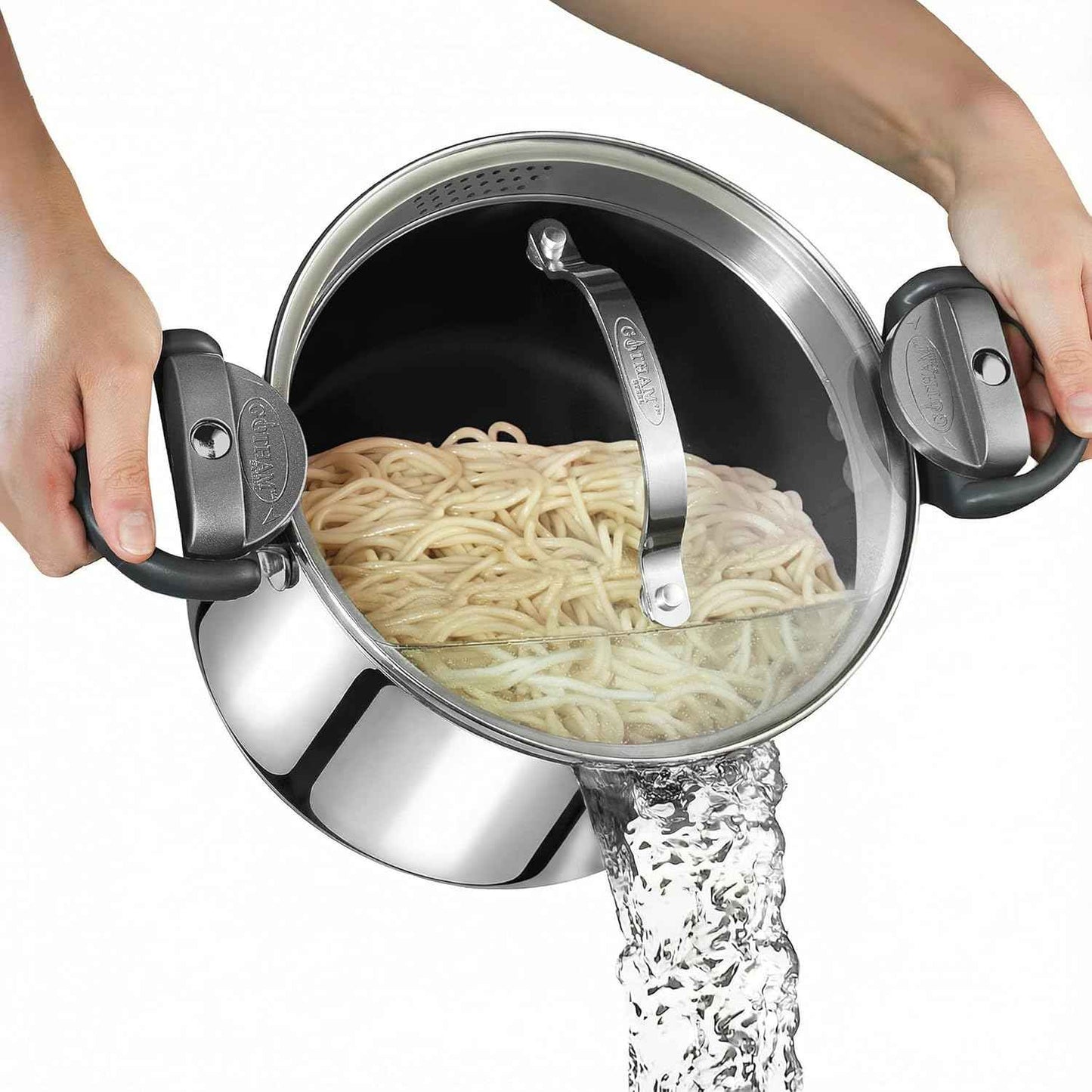 Gotham Steel 5 Quart Stock Pot Multipurpose Pasta Pot with Strainer Lid & Twist and Lock Handles, Nonstick Ceramic Surface Makes for Effortless Cleanup with Tempered Glass Lid, Dishwasher Safe