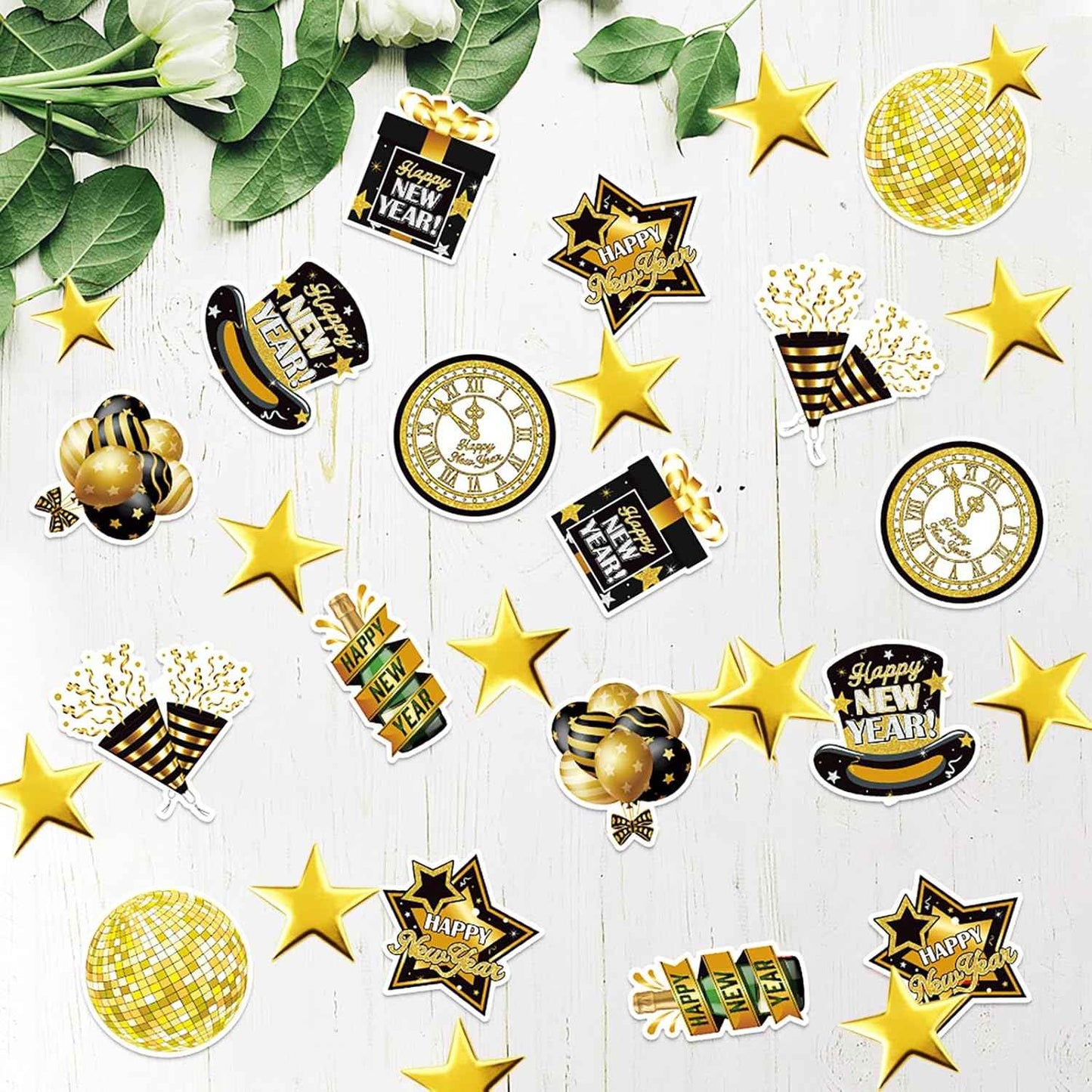 New Years Eve Party Decorations 2026,Happy New Years Decorations Black and Gold Confetti,200pcs Black Gold New Year's Eve Glitter Table Confetti Centerpiece Gold Stars for Clock Disco Ball Design