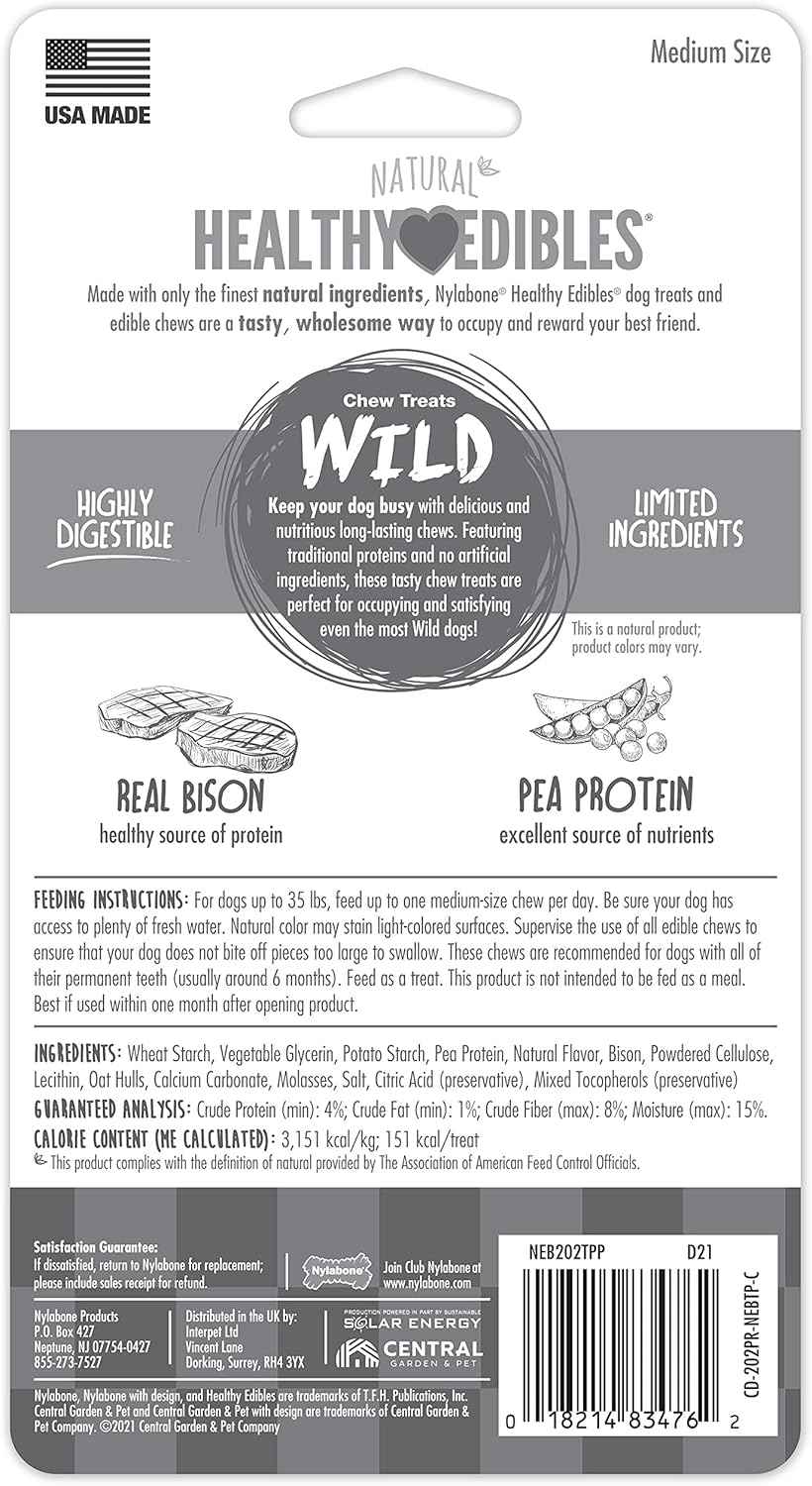 Nylabone Healthy Edibles WILD Natural Longer-Lasting Bison Flavor Bone Chew Treats for Dogs, Medium - Up to 35 lbs (2 Count)